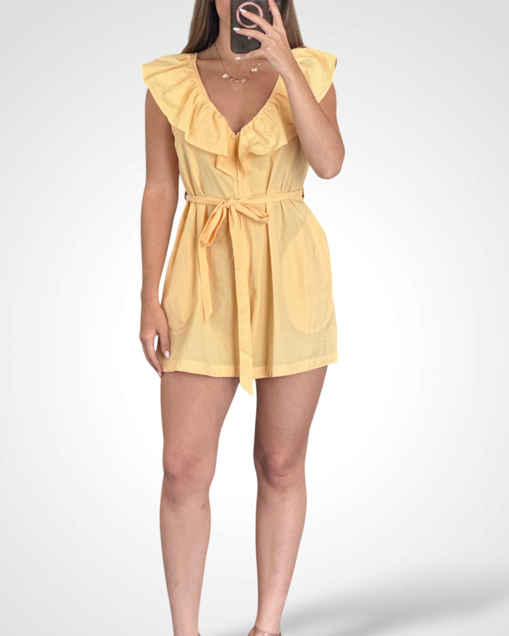 RUFFLE DETAIL BACK TIE ROMPER W/ WAIST TIE