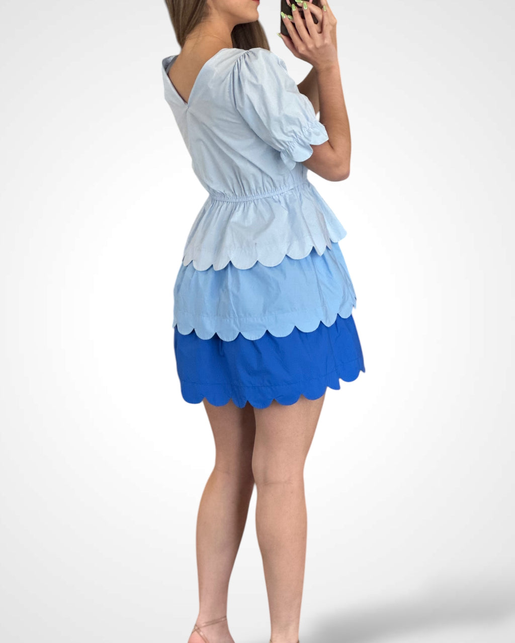 COLORBLOCK V NECK SCALLOPED FLARE MINI DRESS