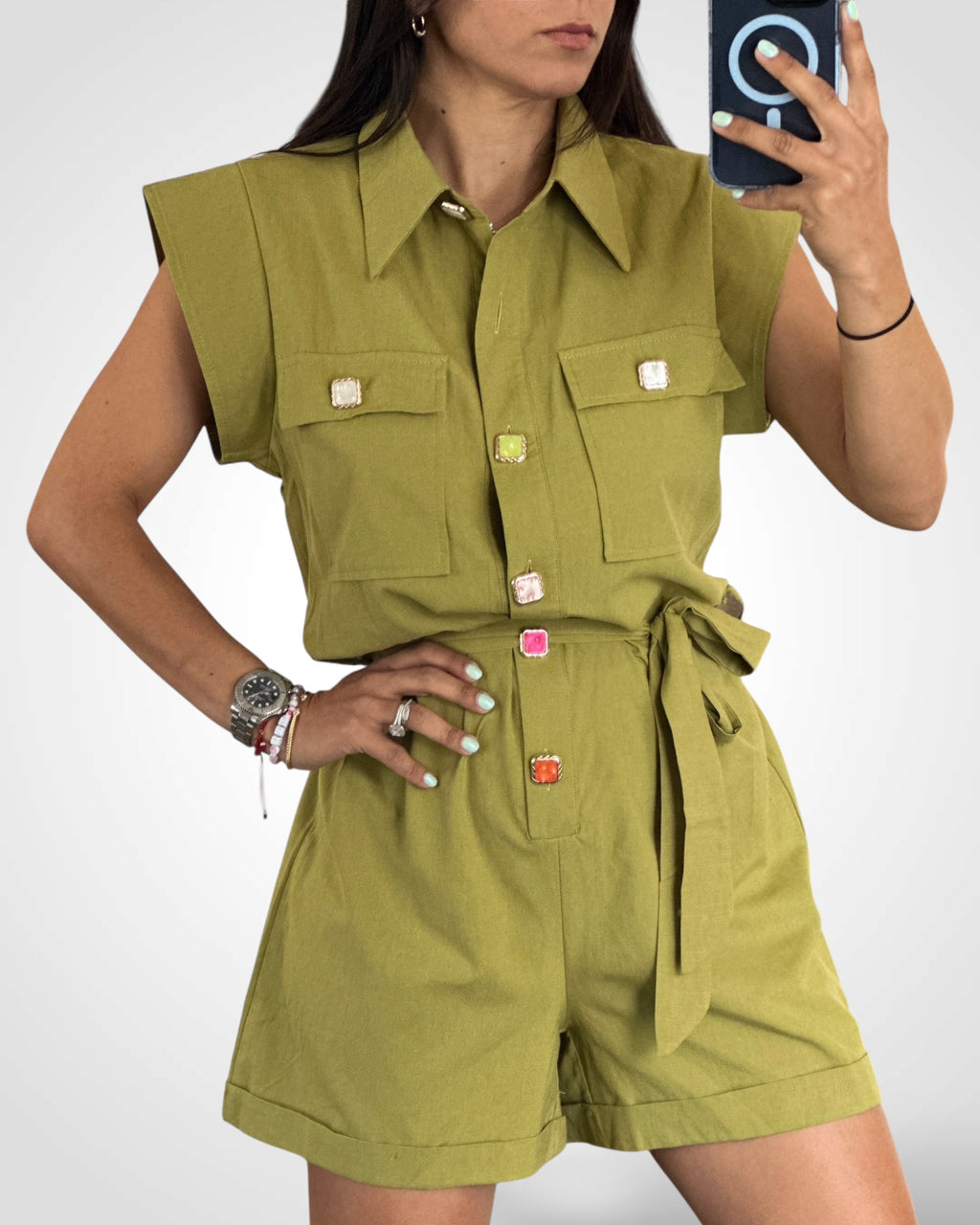 LARGE BUTTONS FRONT POCKETS GREEN ROMPER