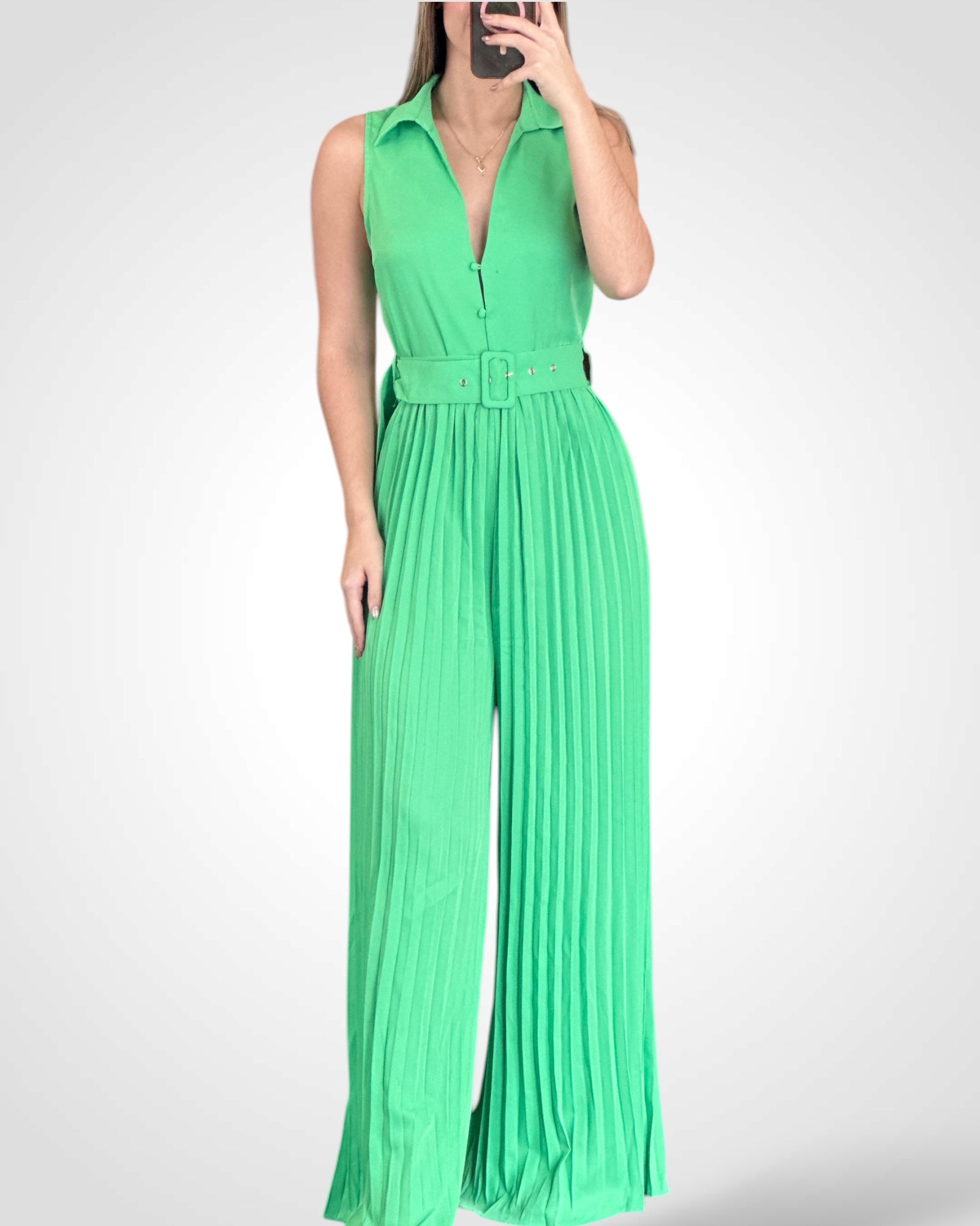 SOLID COLLARED PLEATS DETAIL WIDE LEG JUMPSUITS•