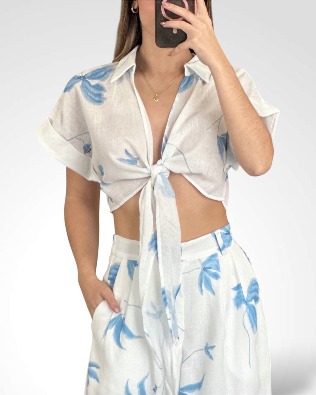 PRINTED FRONT TIE CROP TOP AND TROUSERS SET