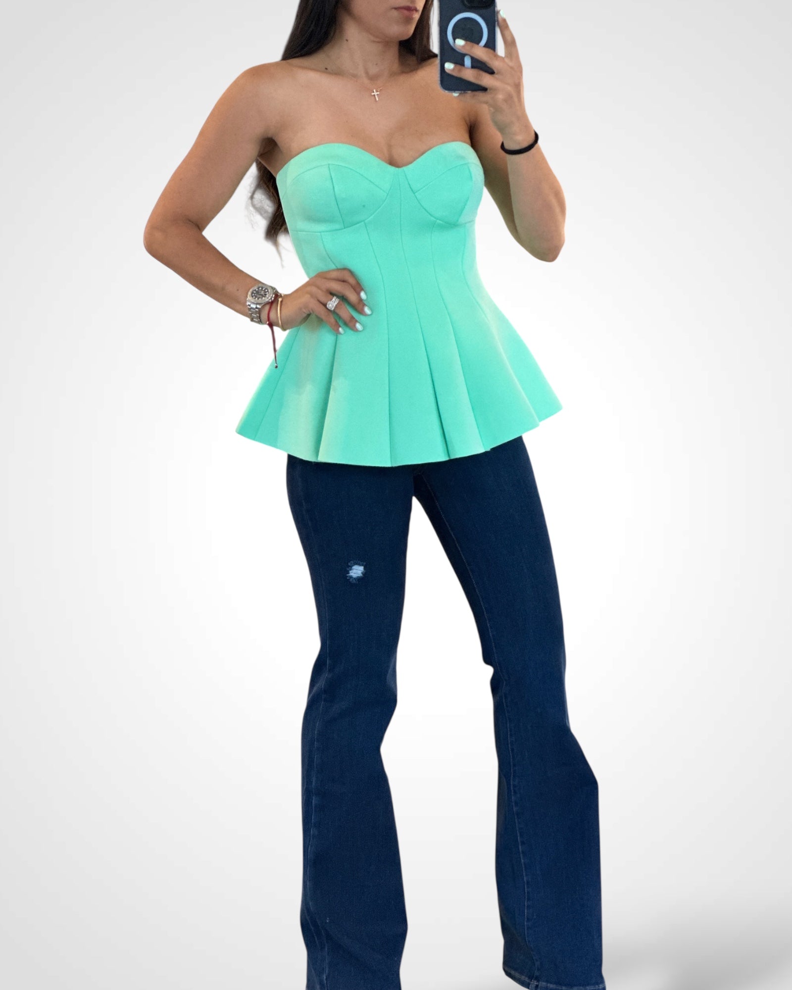 SOLID OFF SHOULDER FORM FITTING PEPLUM BUSTIER TOP (Mint)•-2