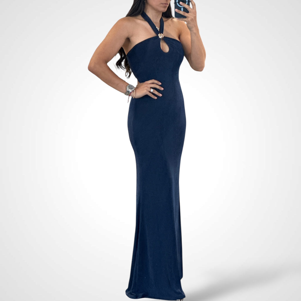 NAVY METAL TRIM HALTER MAXI DRESS