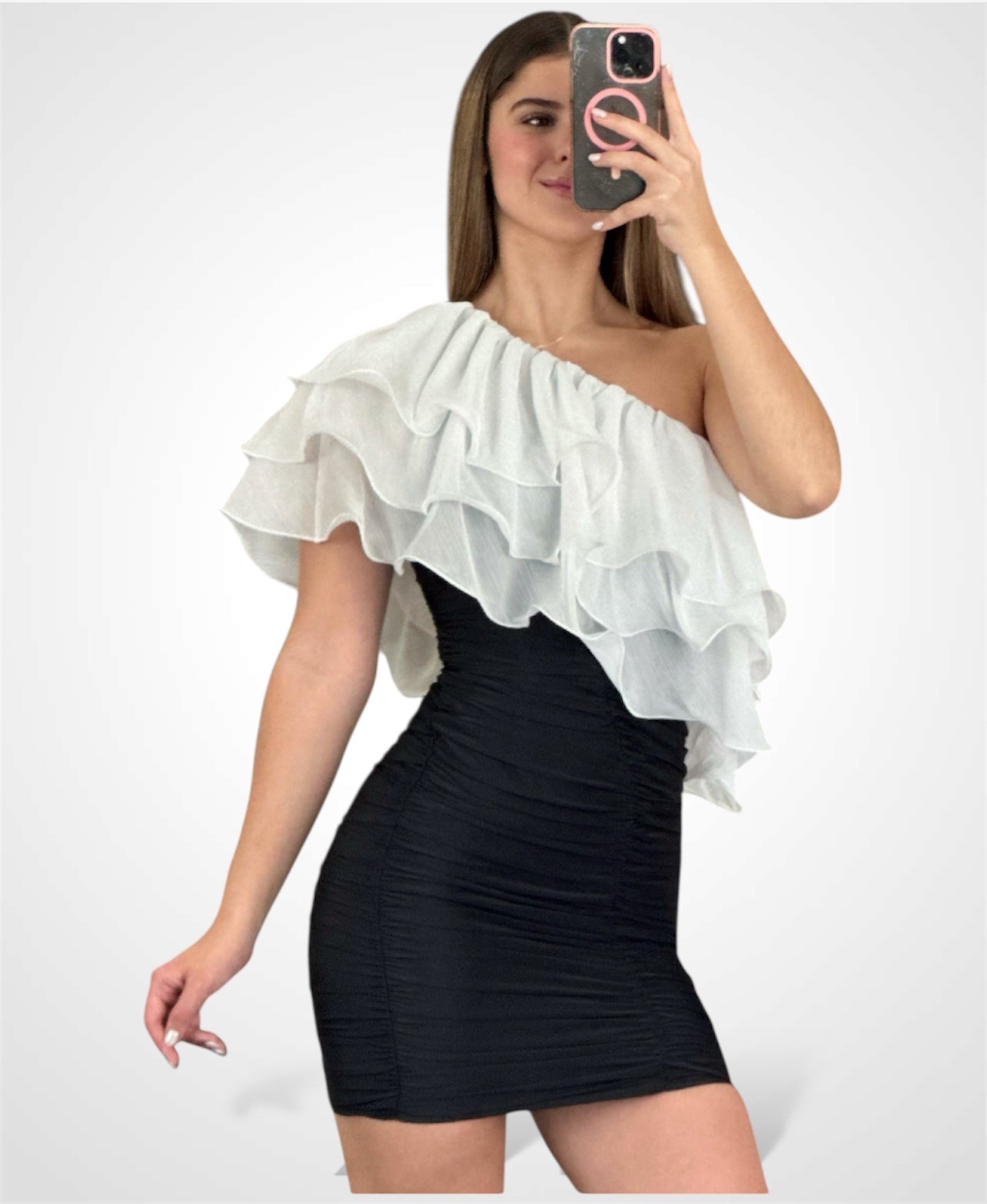 ONE SHOULDER MULTI LAYERED RUFFLE ATTACHED SHORT DRESS•
