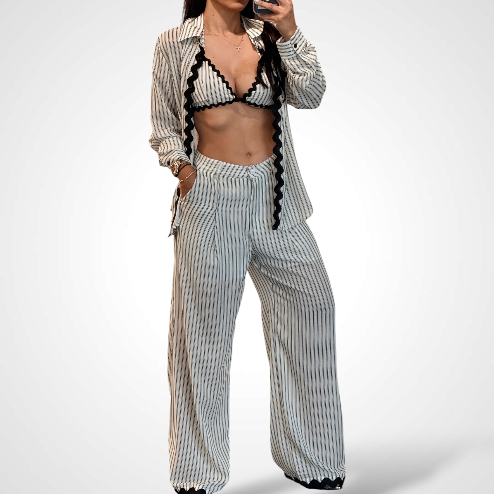 Black Top W Bralette & Button Closure Pants Stripes Colorblock Set•-1