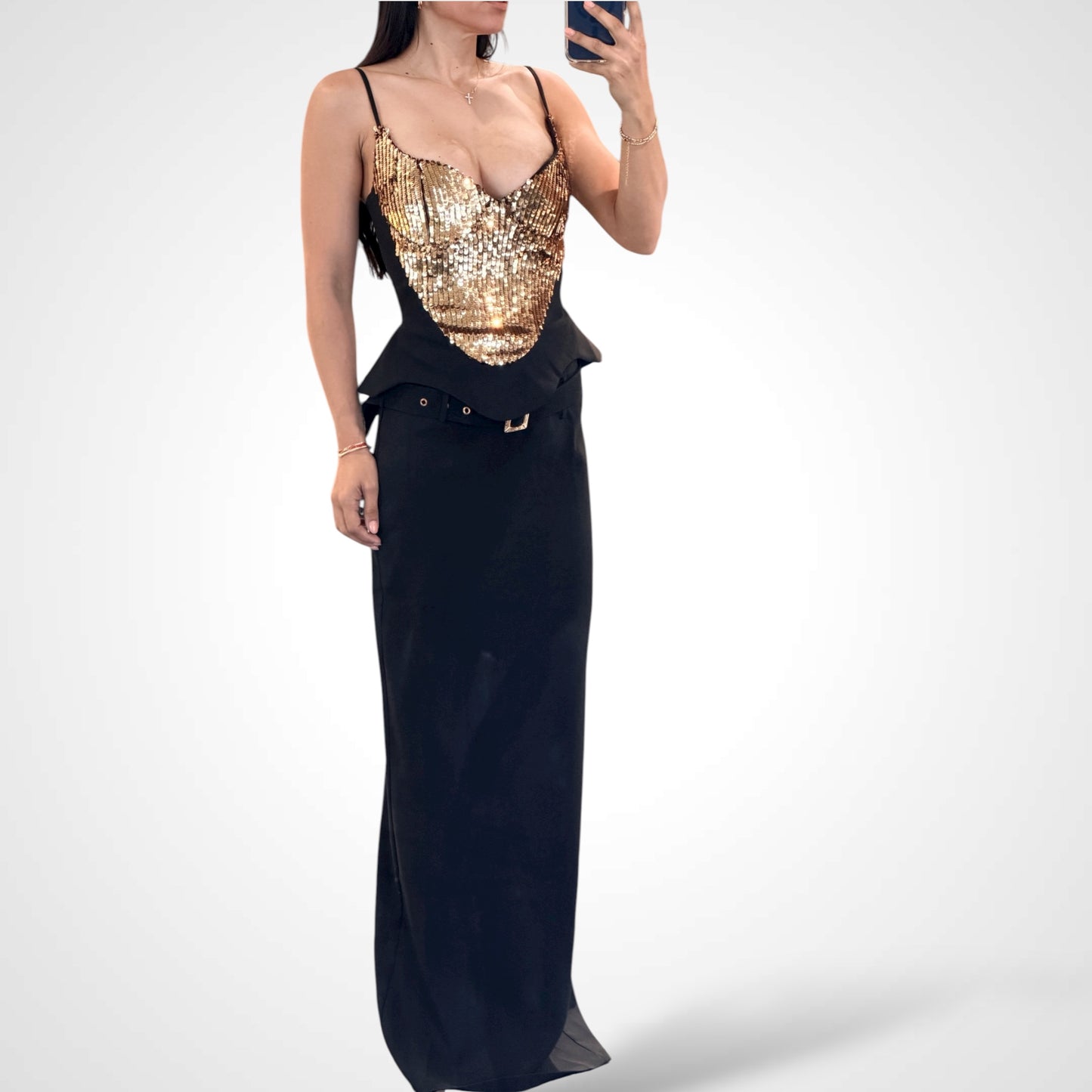 GOLD SEQUIN PEPLUM TOP & BELTED SKIRT SET