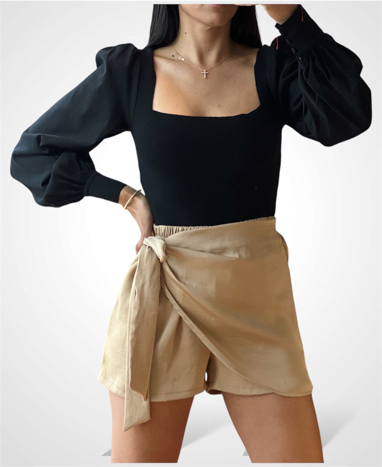 Washed Poly Silk Side Tie Skort Shorts•-2