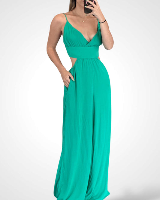 SOLID PEEP SIDE CUTOUT WIDE LEG JUMPSUIT