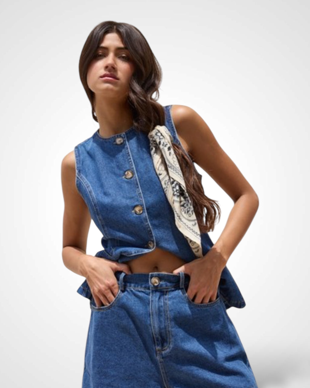 Denim Button Vest Style Top & Wide Shorts Set