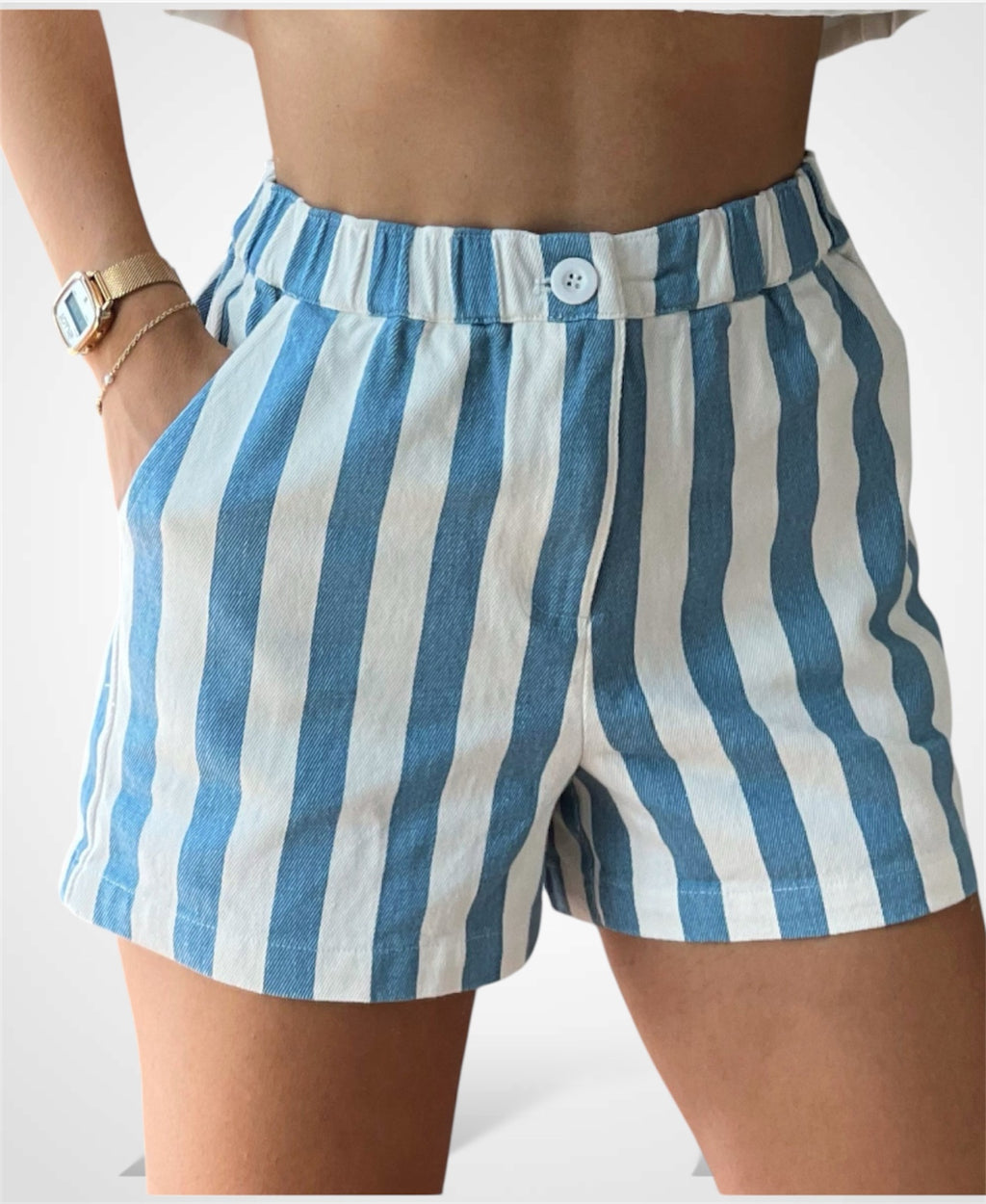 Elastic Waist Blue Shorts
