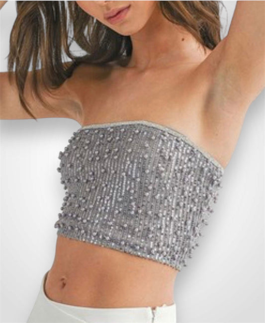 SLEEVELESS SEQUINS PEARL TUBE CROP TOP