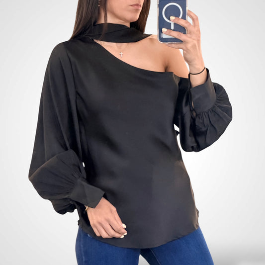 BLACK OFF SHOULDER SILKY SATIN BLOUSE