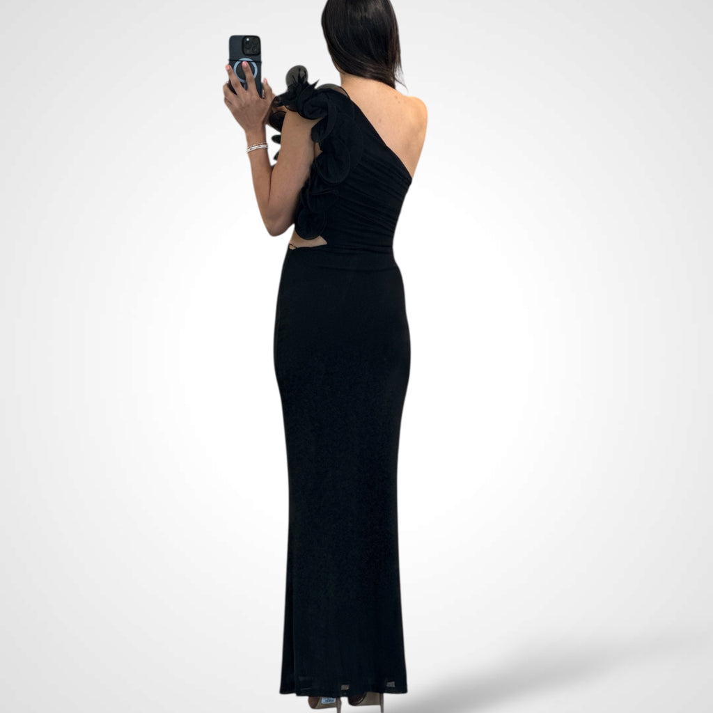 Black One Shoulder Mesh Maxi Dress
