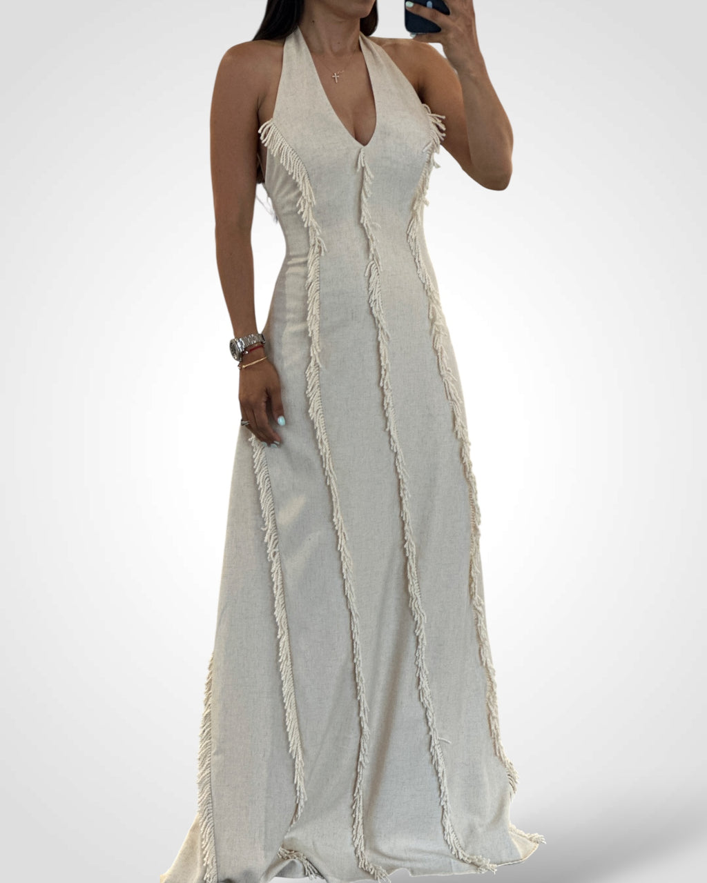 Fringe Halter Neck Maxi Dress