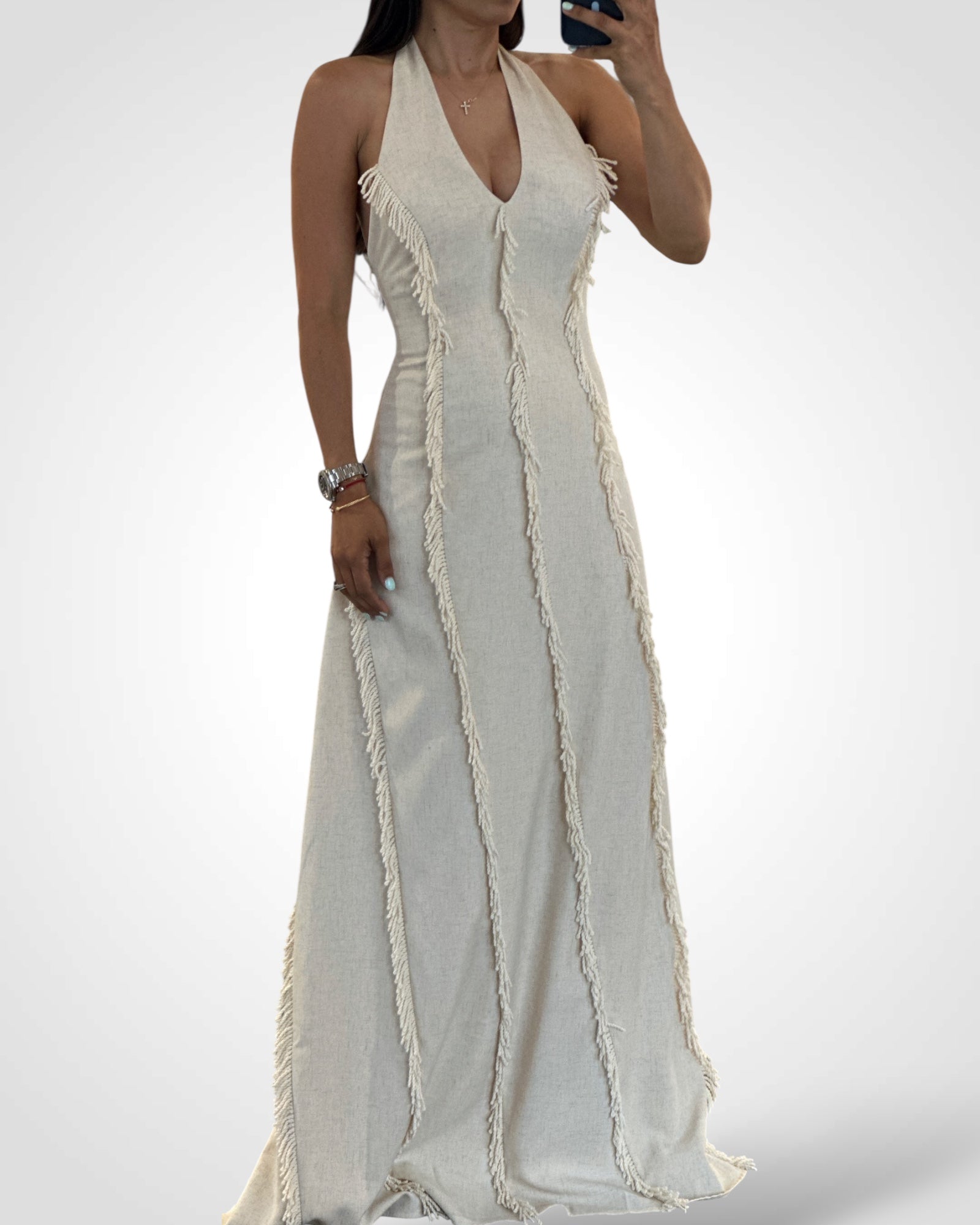 Fringe Halter Neck Maxi Dress