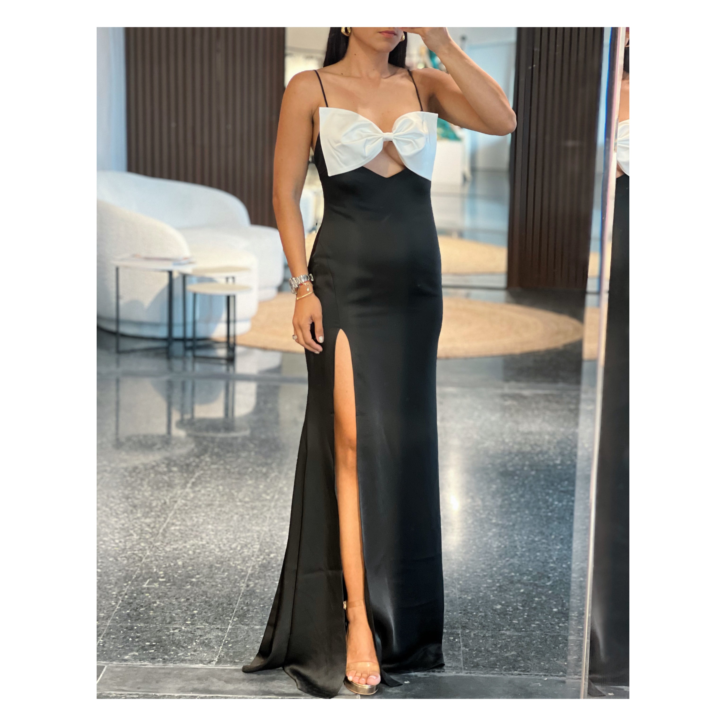 Camellia Grace White Satin Gown with Black Bow