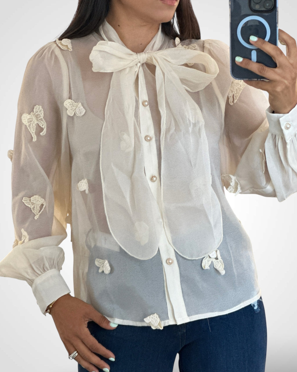 SHEER EMBROIDERED BUTTERFLY BOW TIE BLOUSE