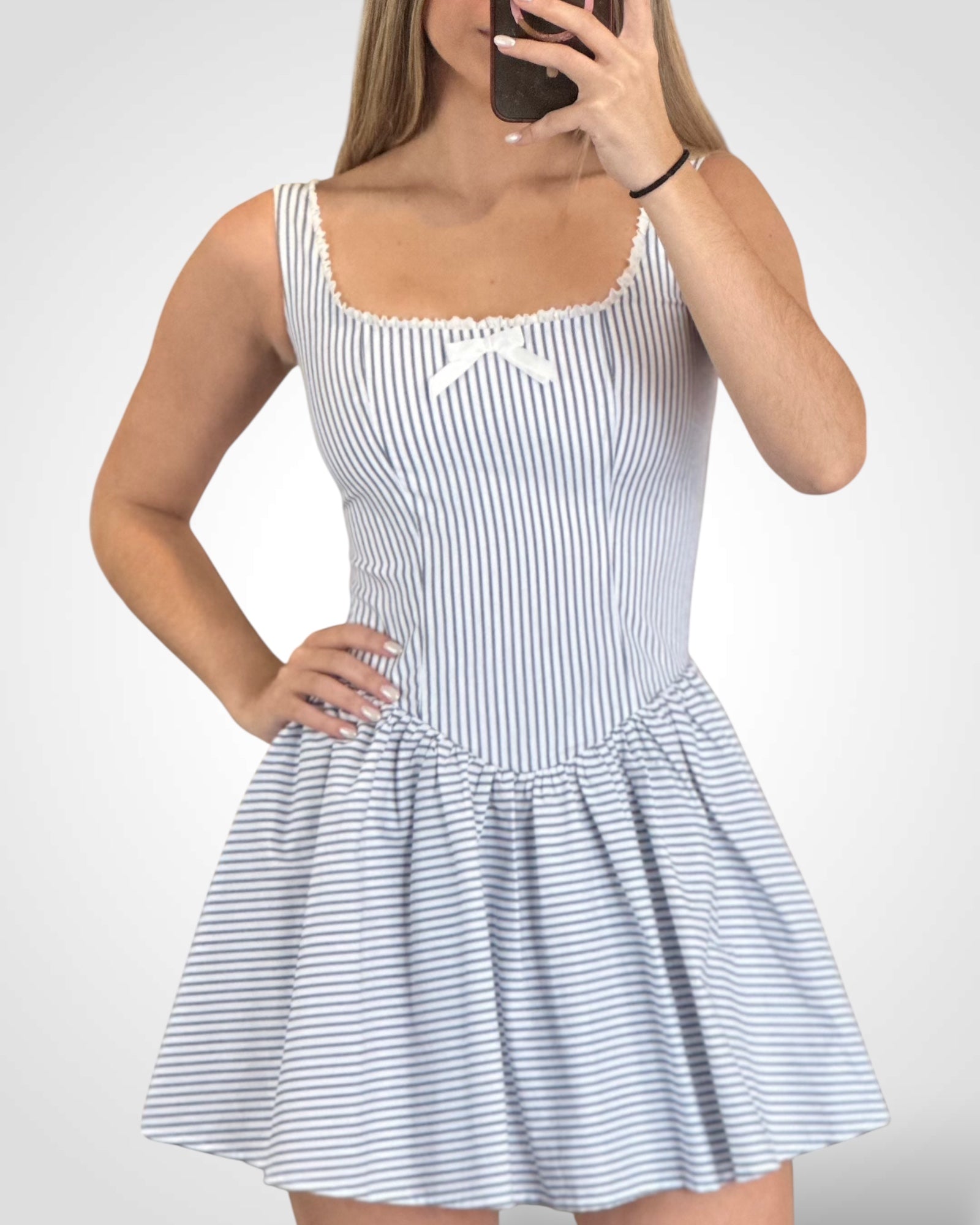 Thin Stripe Print Square Neck Lace Trim Mini Dress