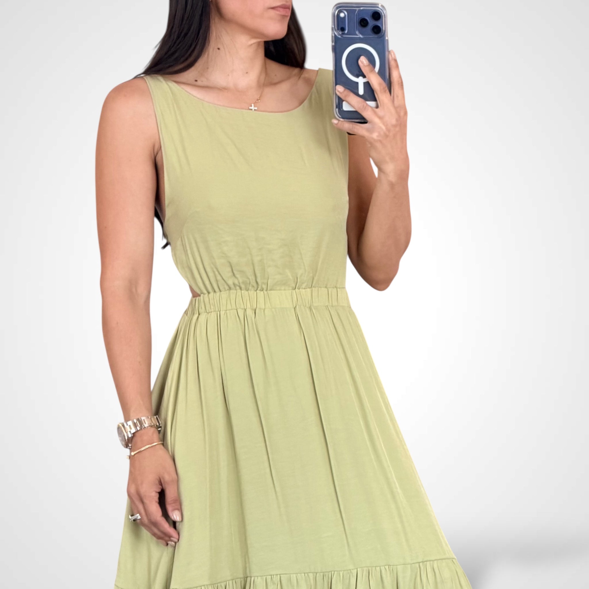 Sage Cut-out Waist Open Back Ruffled Maxi Dress•-2