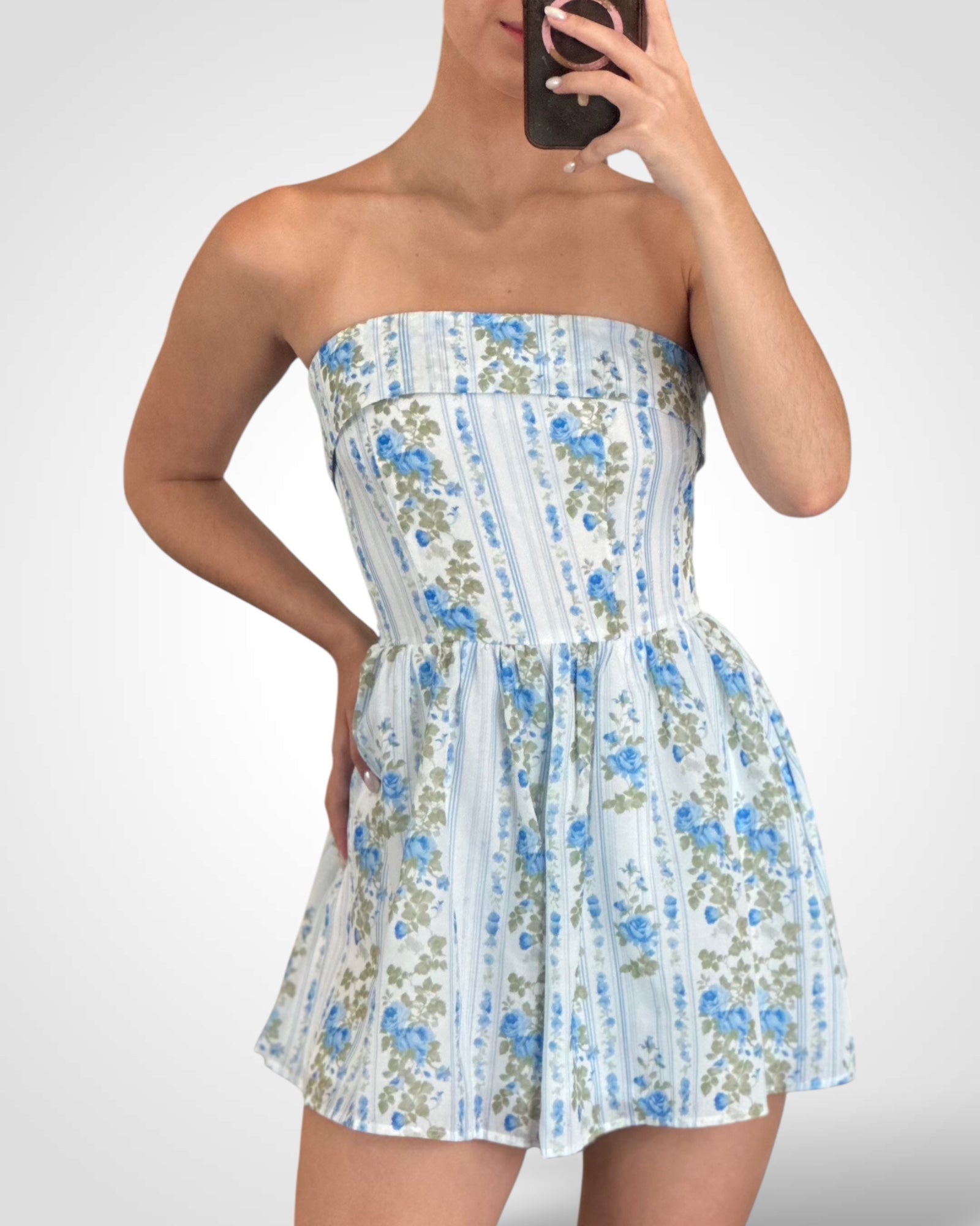 FLORAL PRINTED BACK SMOCKED TUBE TOP ROMPER•-1