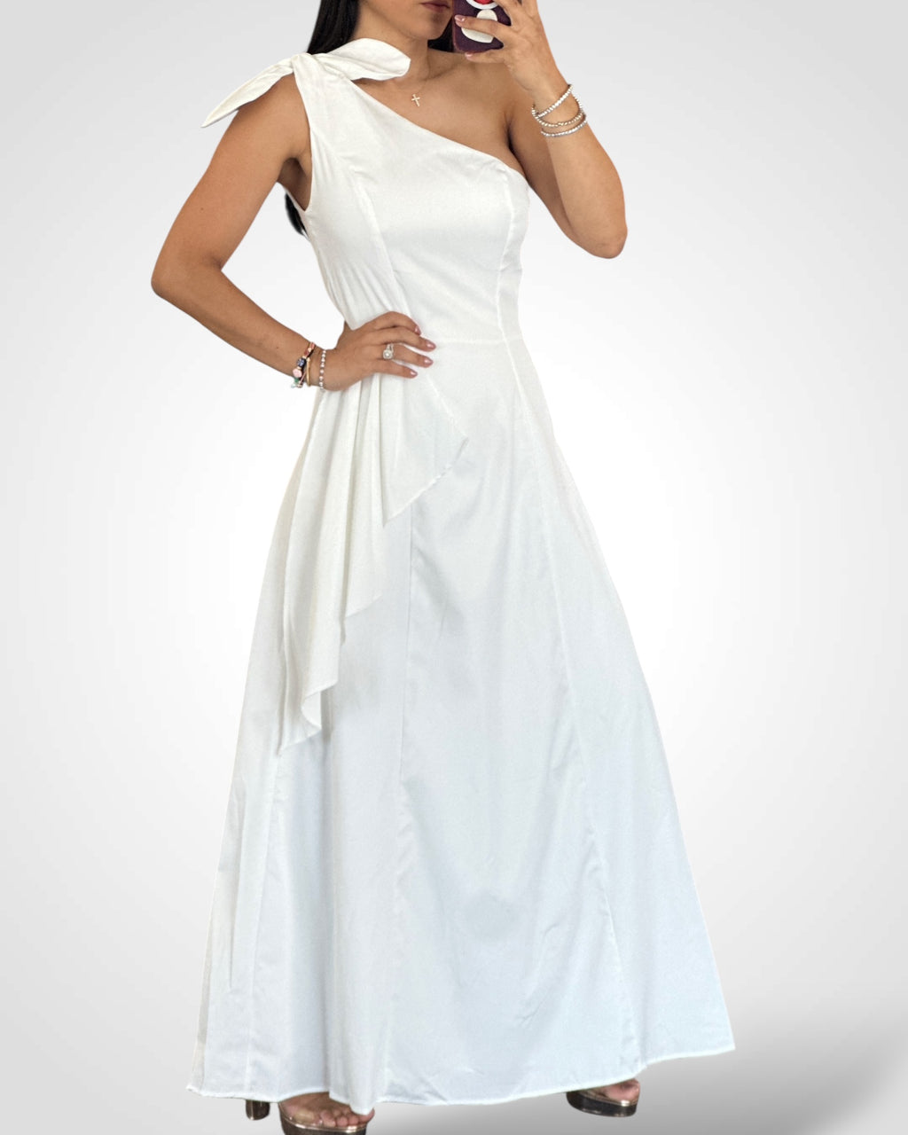 One Shoulder Solid Color Mid Dress