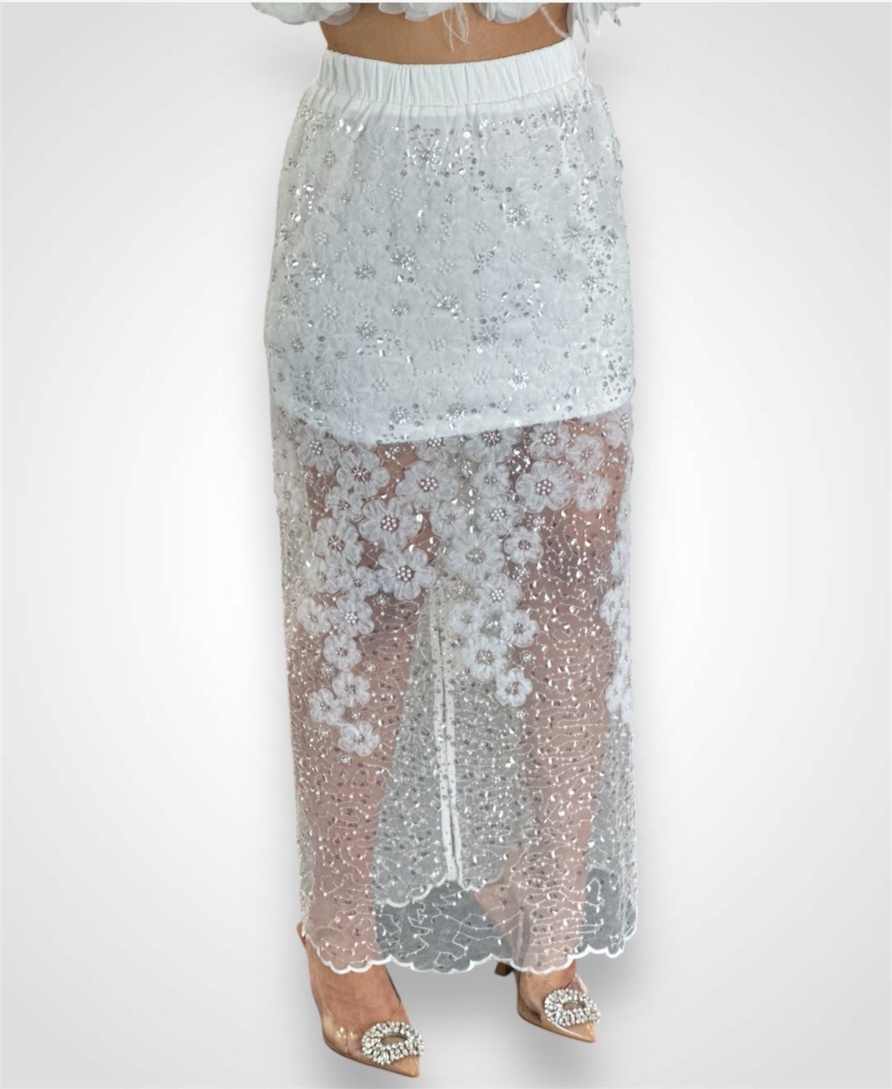 Mesh Pearls Sequins Skirt