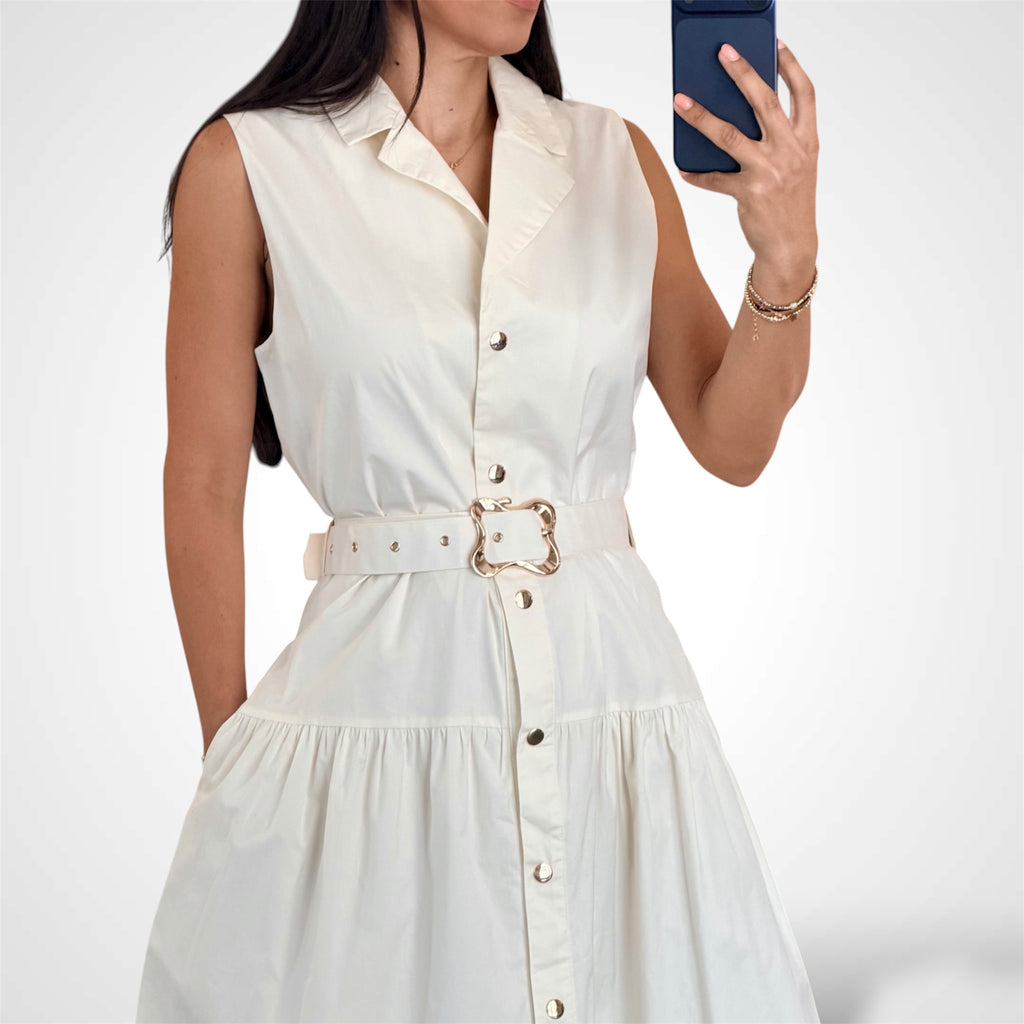 Ivory Belted Gold Button Midi Shirt Dress