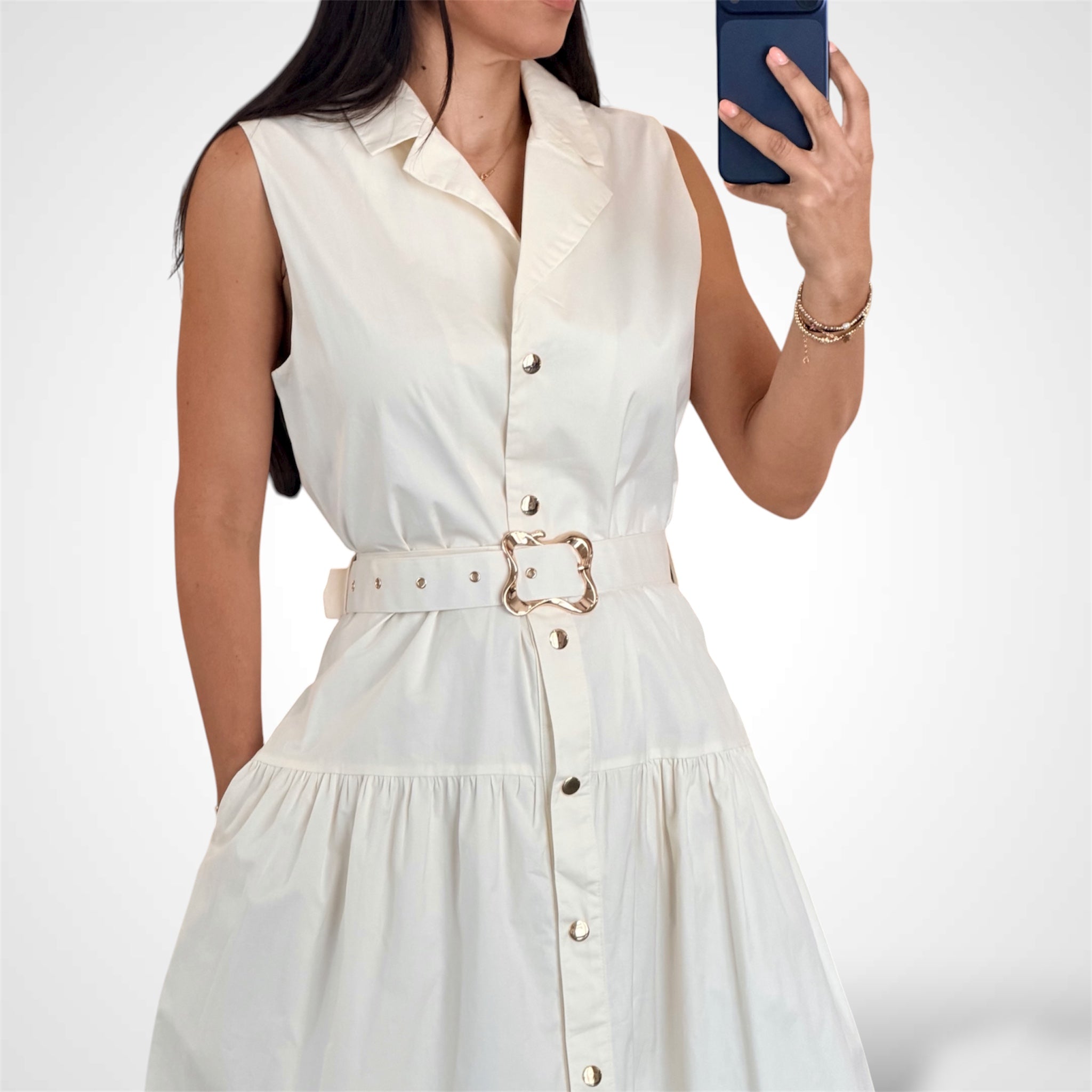 Ivory Belted Gold Button Midi Shirt Dress