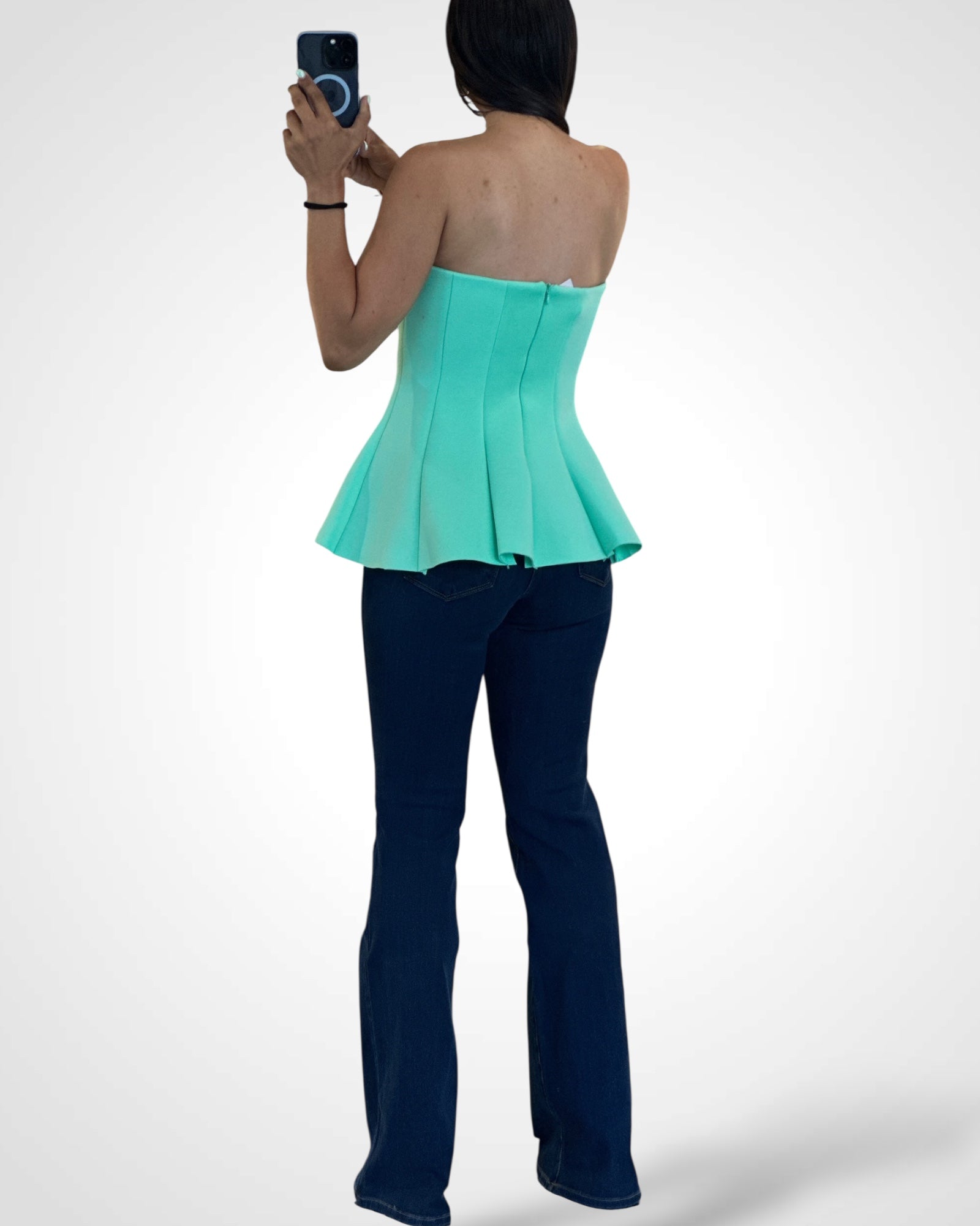 SOLID OFF SHOULDER FORM FITTING PEPLUM BUSTIER TOP (Mint)•-3