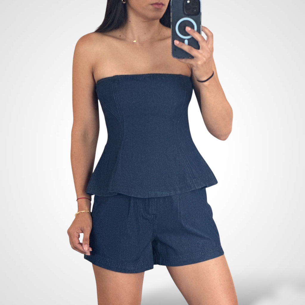 FIT AND FLARE DENIM TUBE TOP AND SHORTS SET