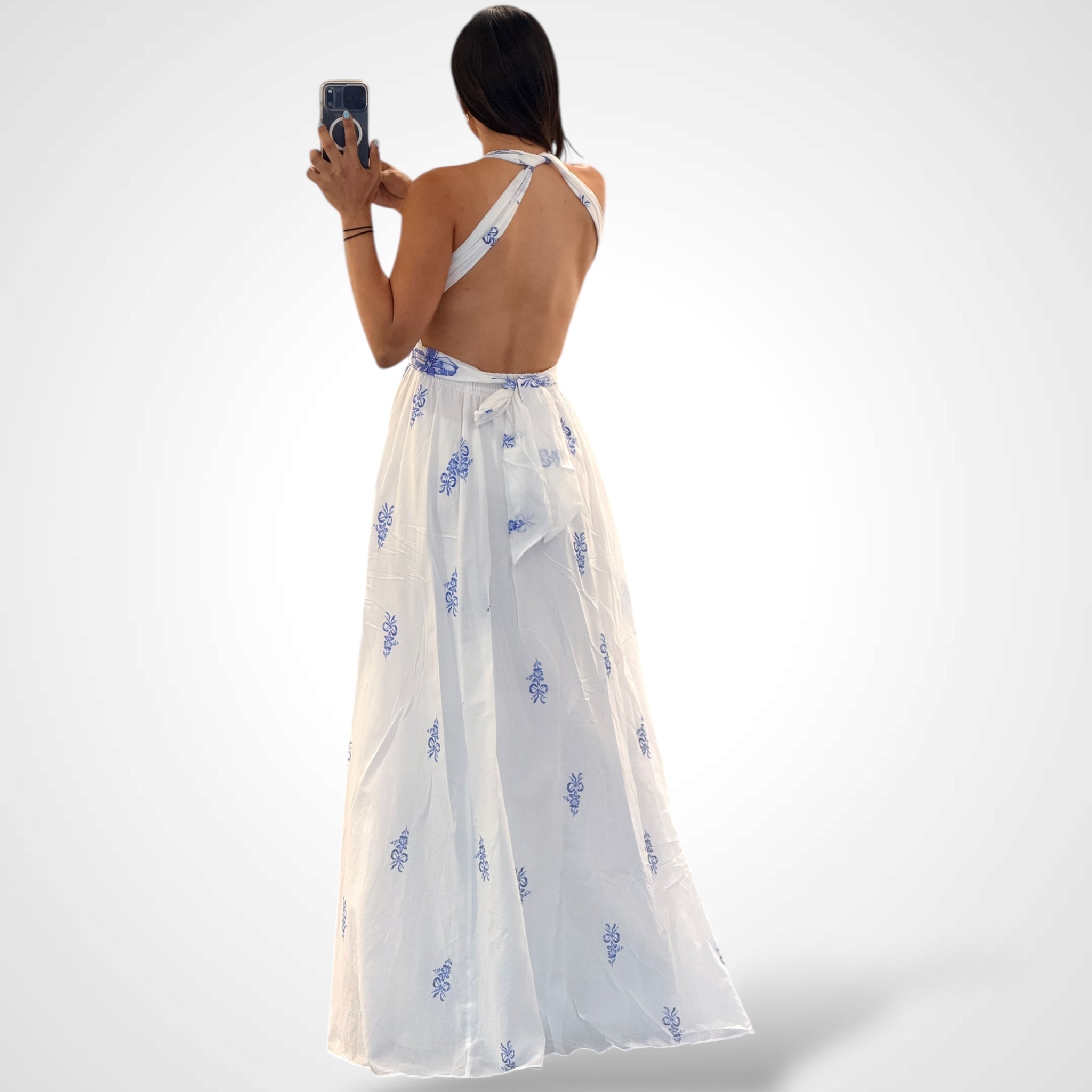 Bow Floral Halter Tie Open Back Maxi Dress•-3