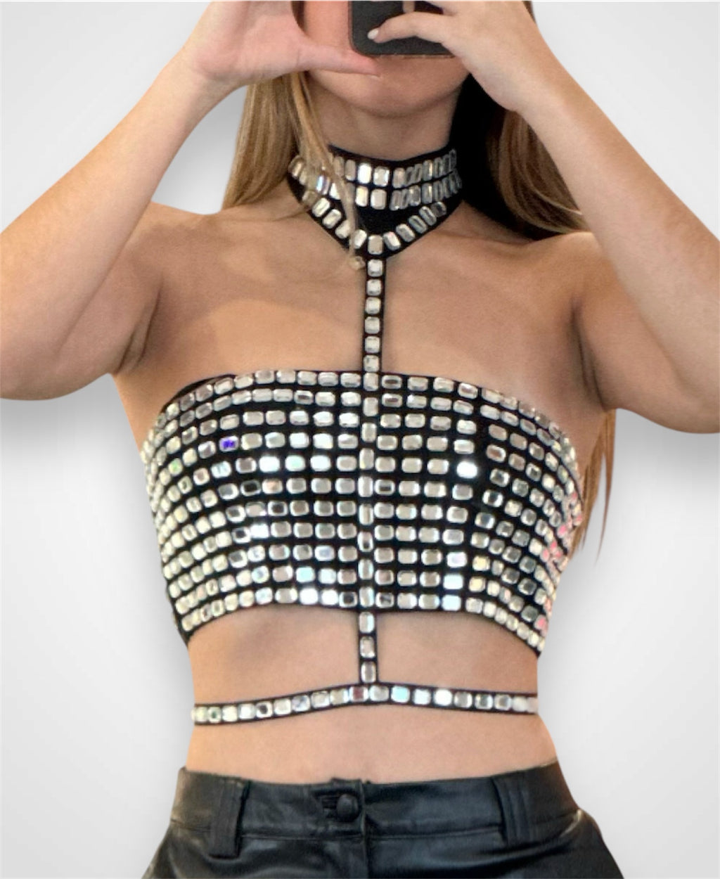 SPARKING RHINESTONE HALTER NECK CROP TOP