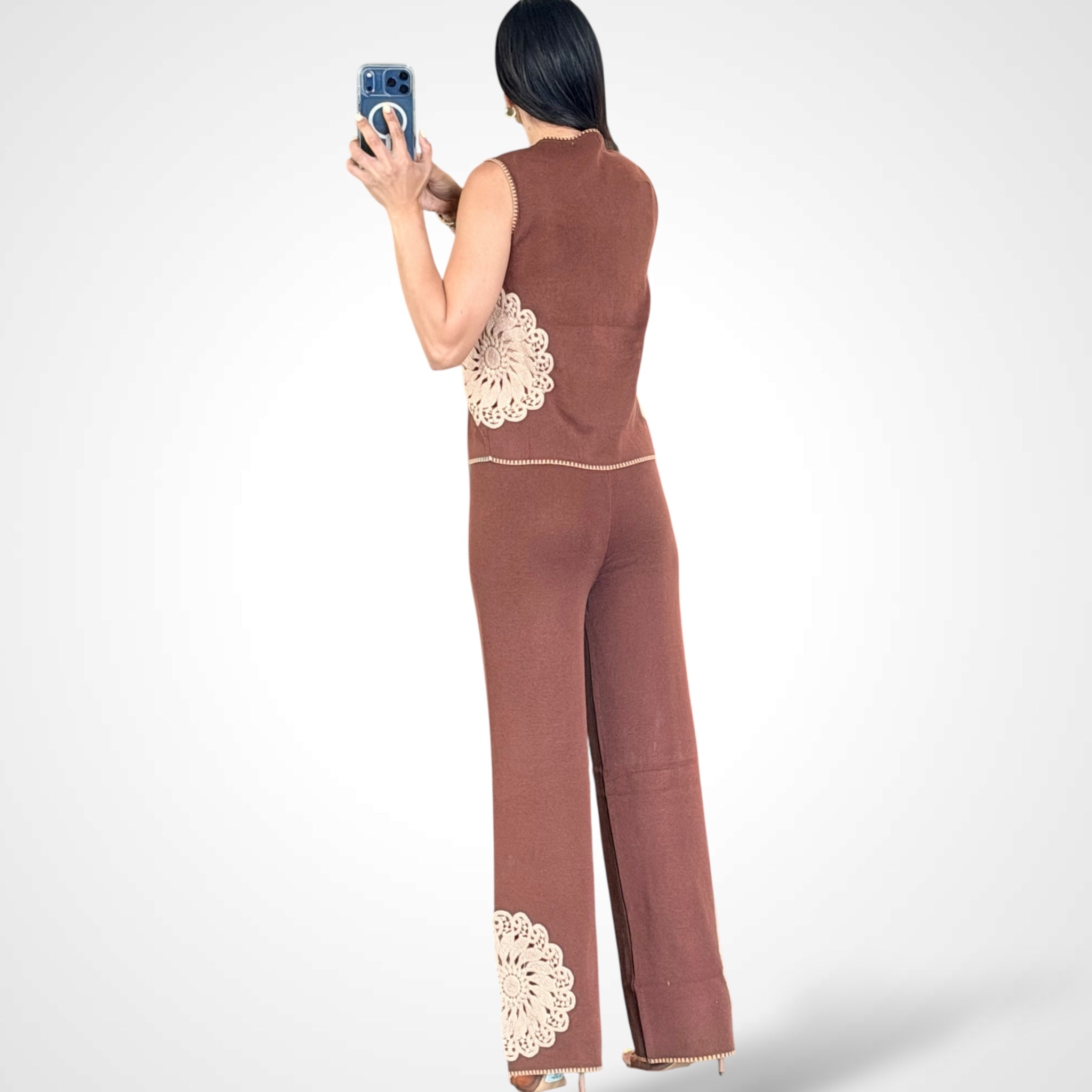 Brown Embroidery Detail Top & Elastic Waist Pants Set•-4