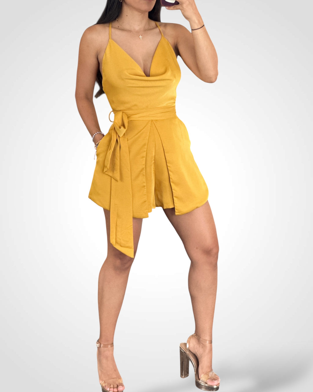 SJQ- Yellow Cross Back Satin Romper