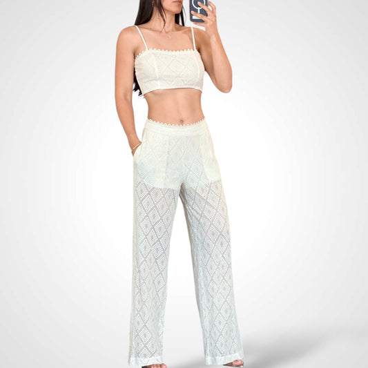Crop Top Elastic Waist Pants Sequins Lace Set