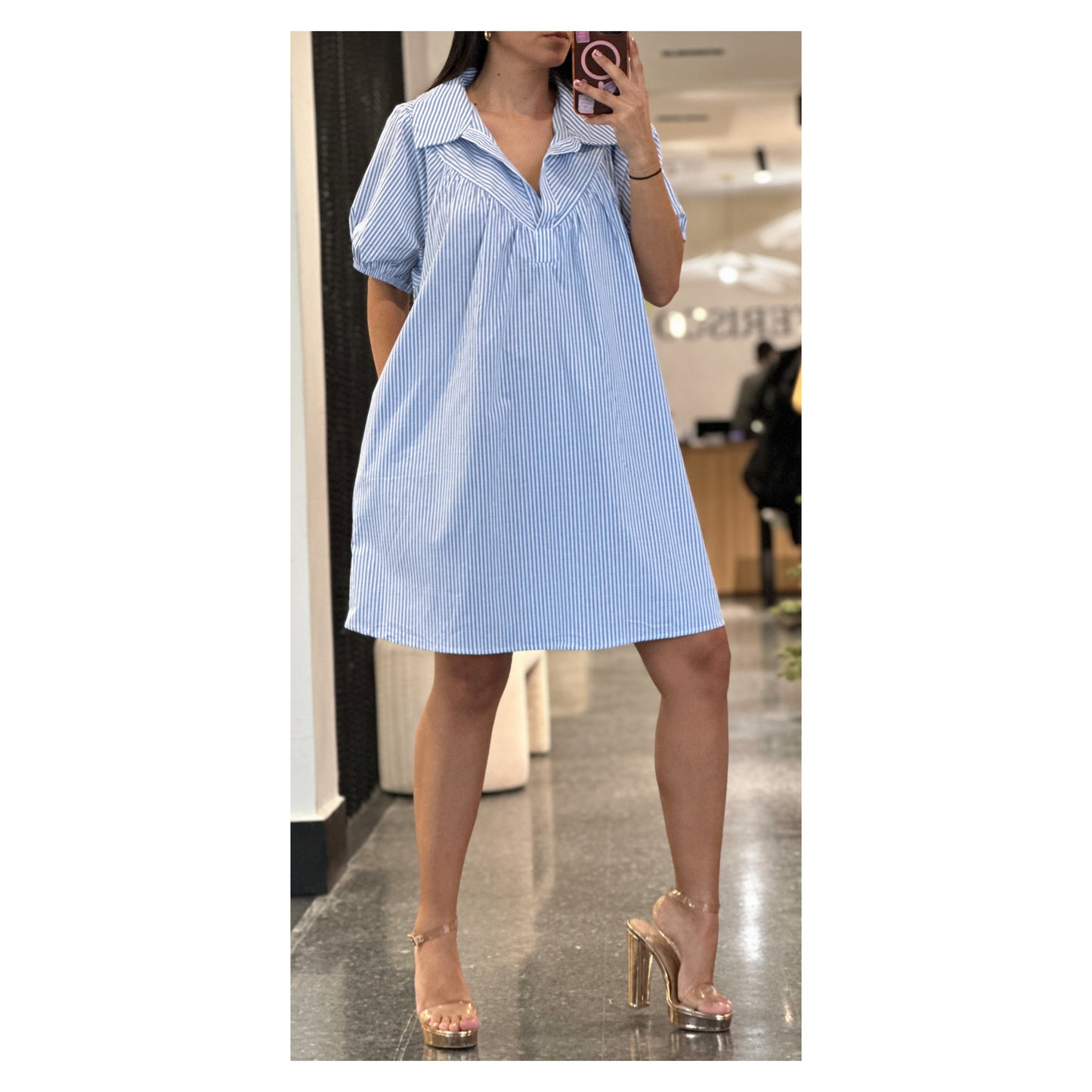 STRIPED COLLARED PUFF SLEEVES MINI DRESS