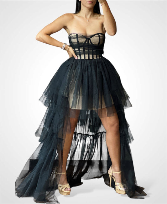 TIERED MESH BUSTIER DRESS