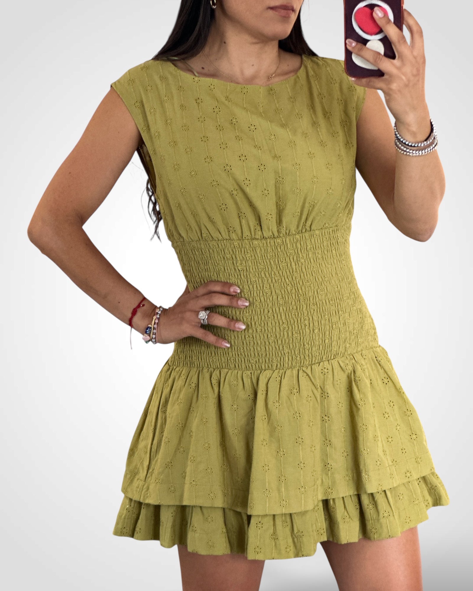 BOAT NECK SMOCKING WAIST MINI DRESS•
