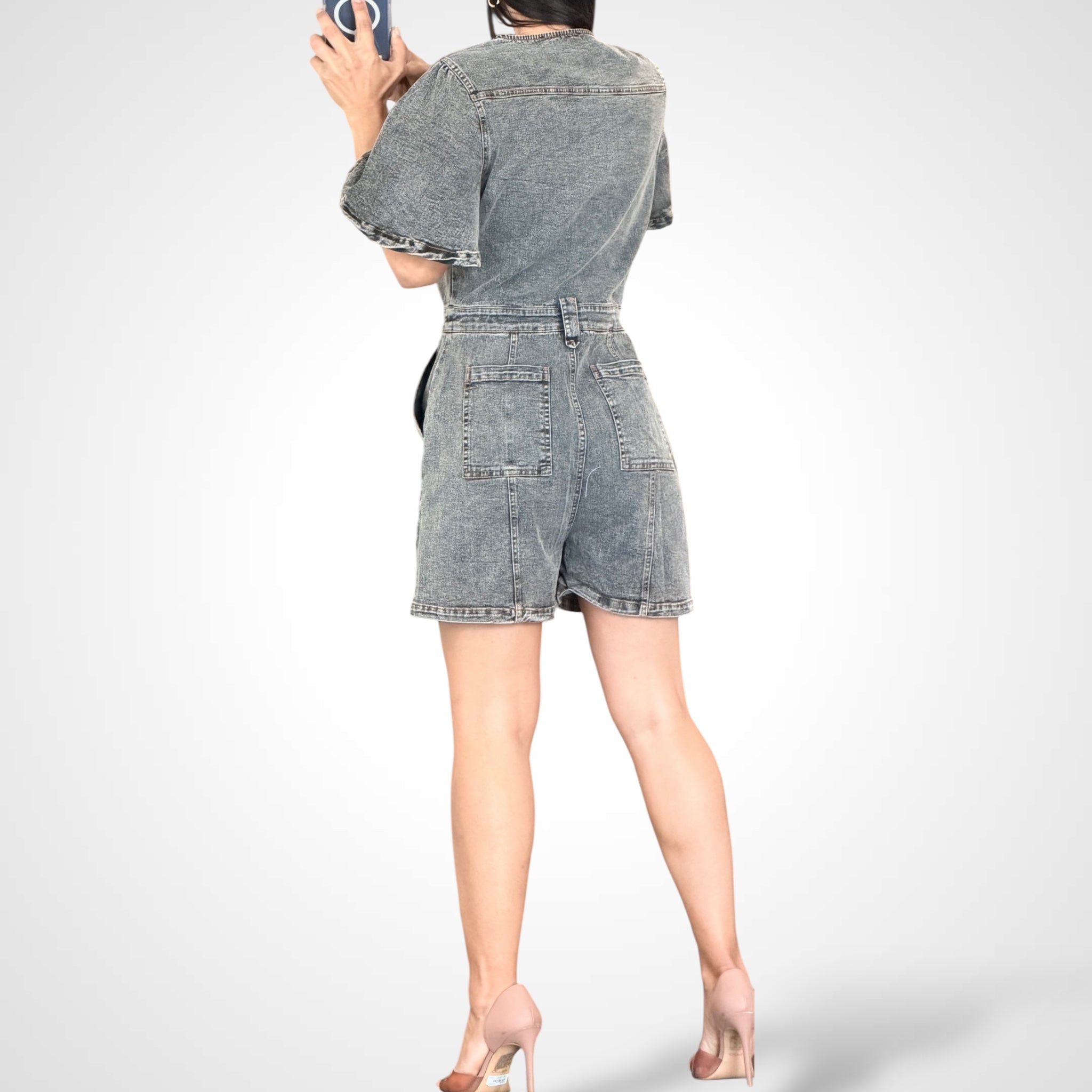 Button Up Pockets Washed Denim Romper•-3
