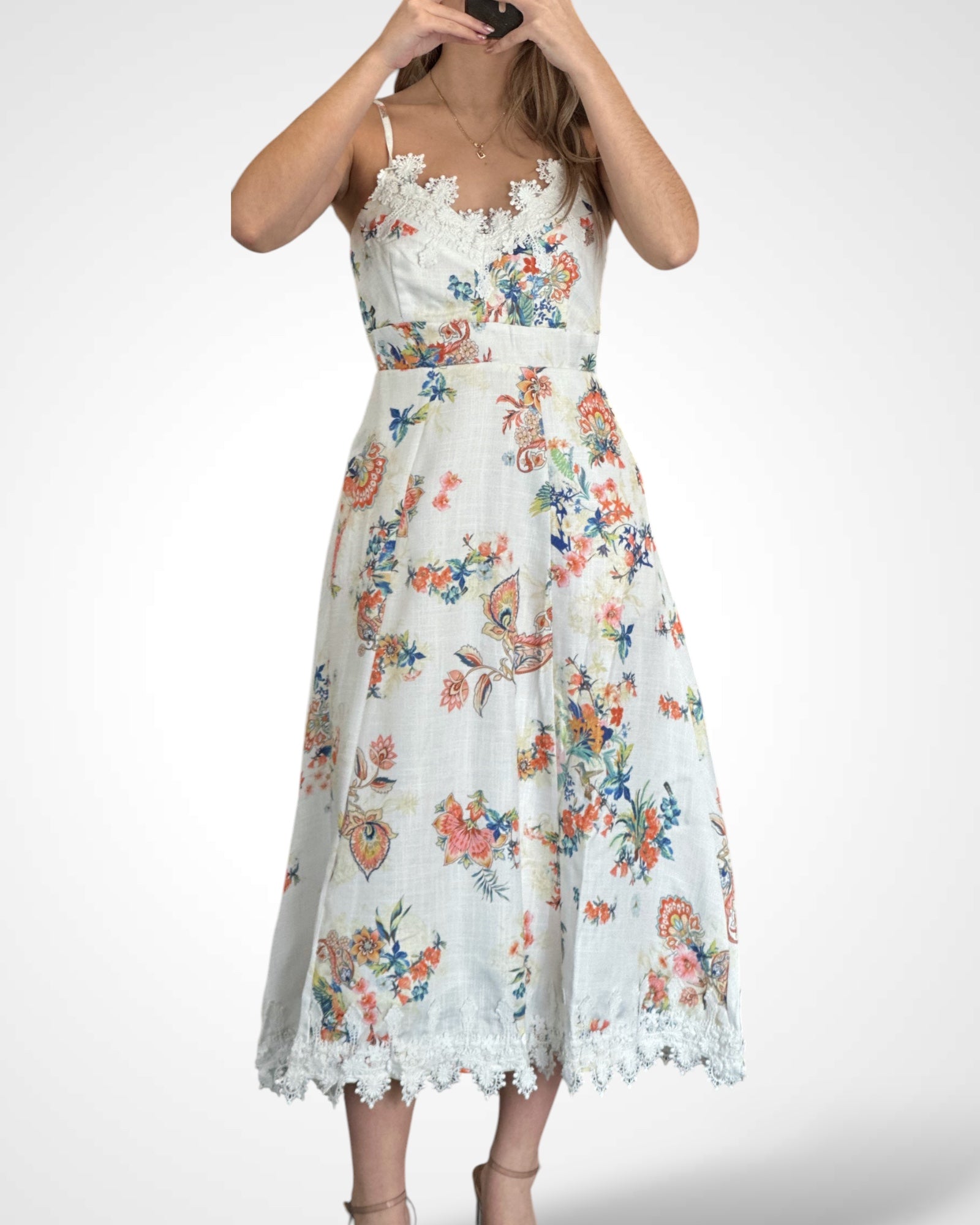 FLORAL PRINT CROCHET TRIM DETAIL FLARED MAXI DRESS-1