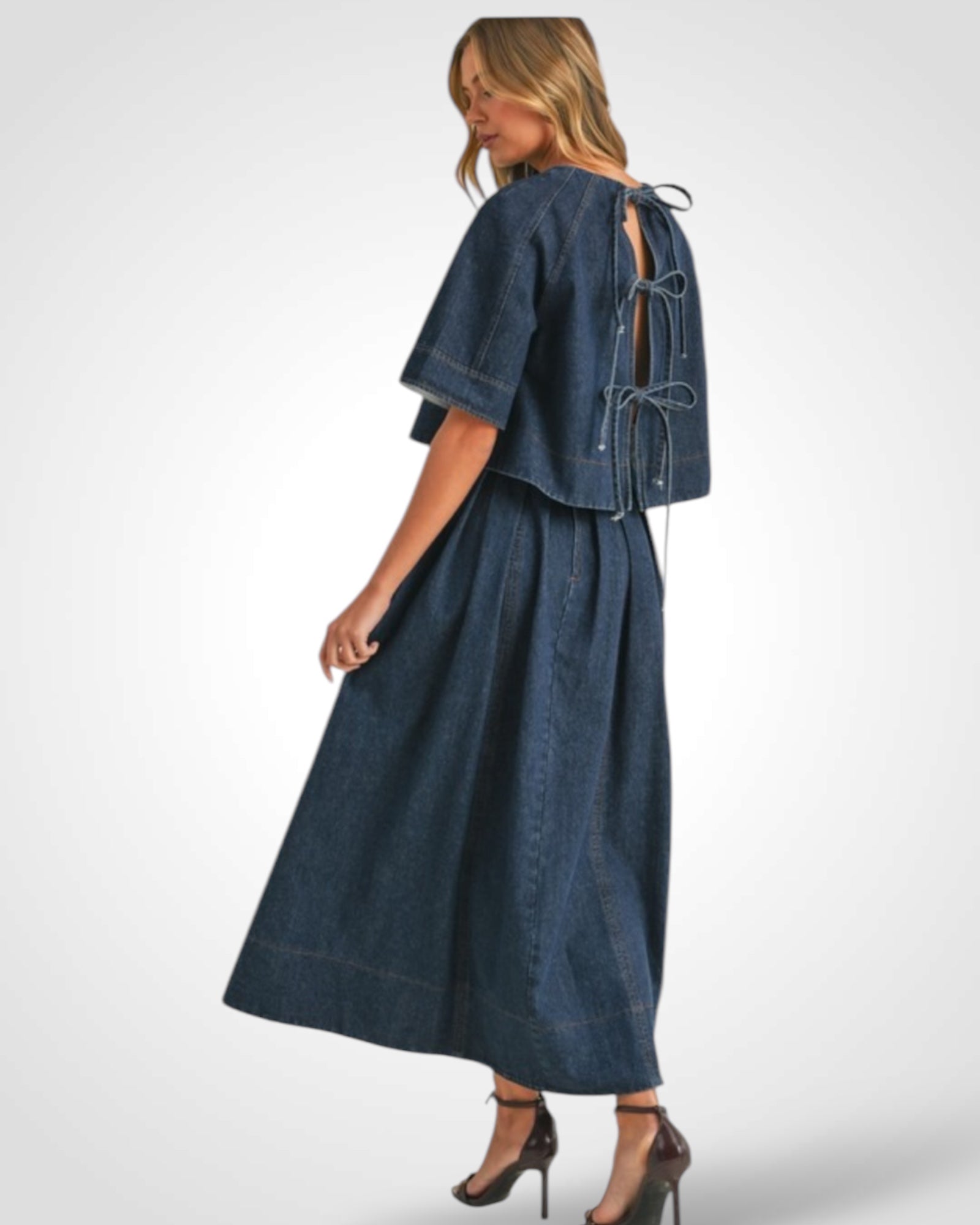 DENIM FLARED A-LINE MIDI SKIRT WITH SIDE POCKETS•-2