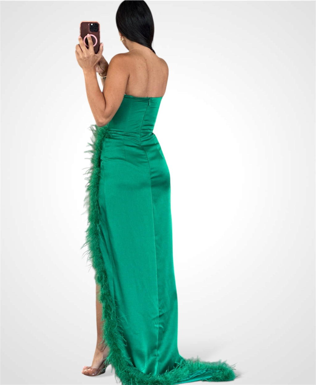 PERRIN EMERALD GREEN FEATHER DRESS HIGH SLIT GOWN