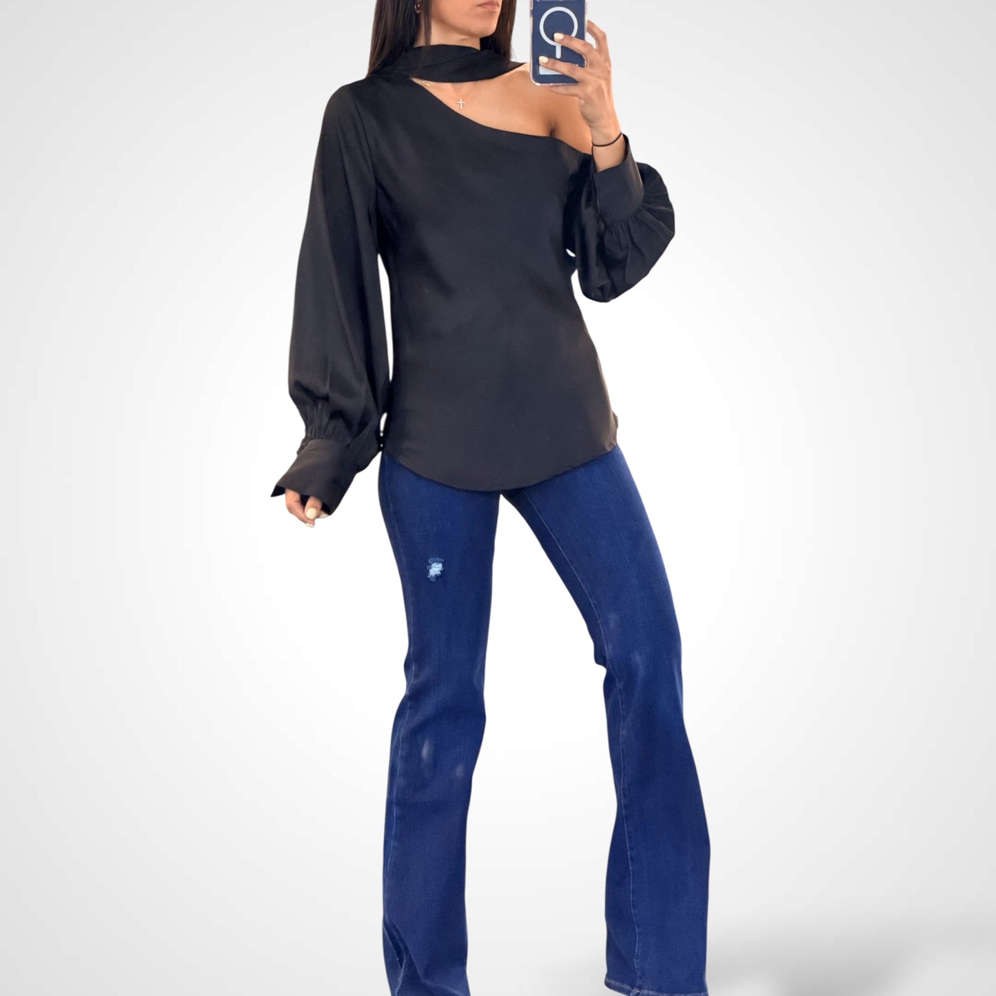 BLACK OFF SHOULDER SILKY SATIN BLOUSE