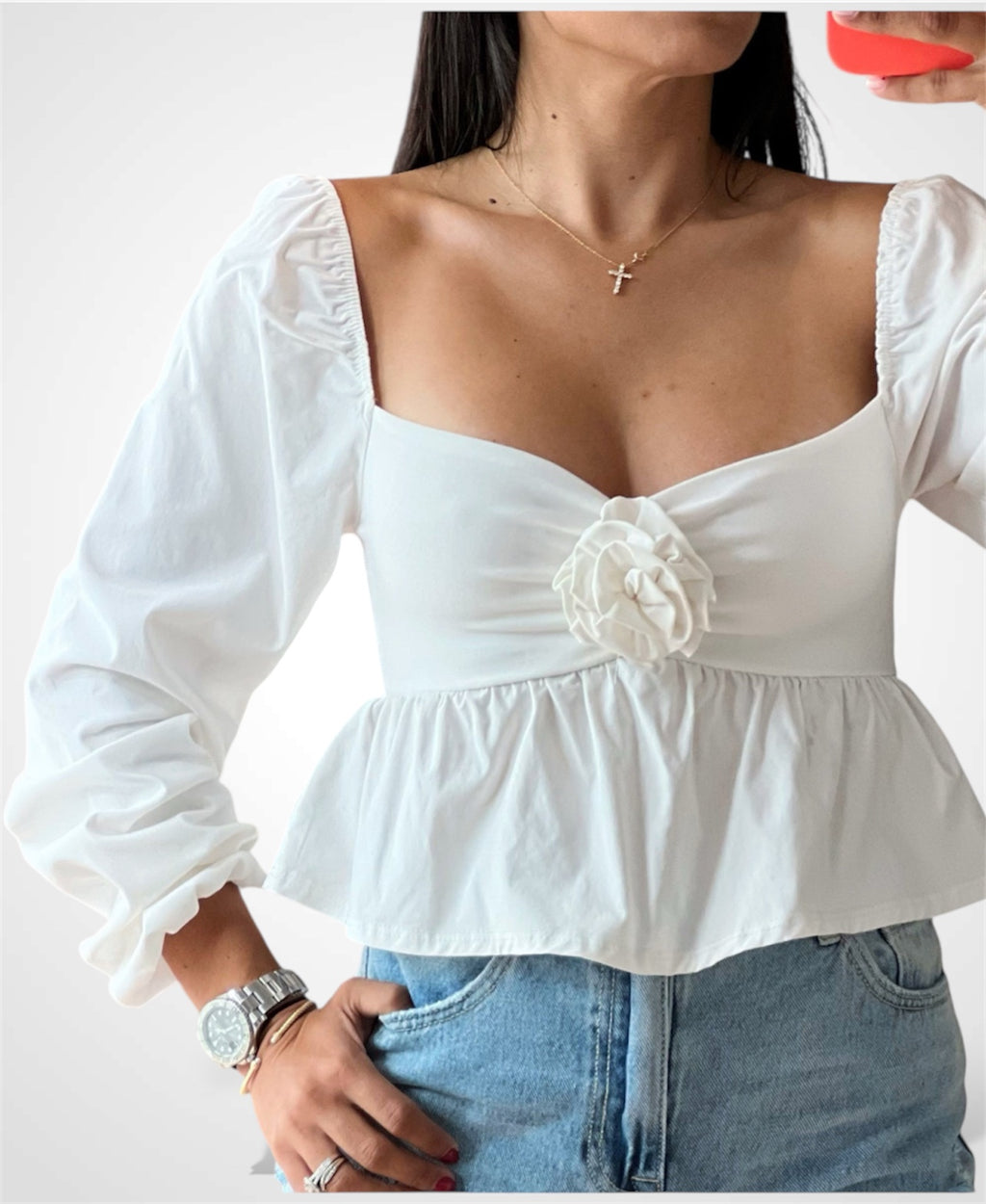 ROSETTE FRONT BALLOON SLEEVE BABY DOLL TOP
