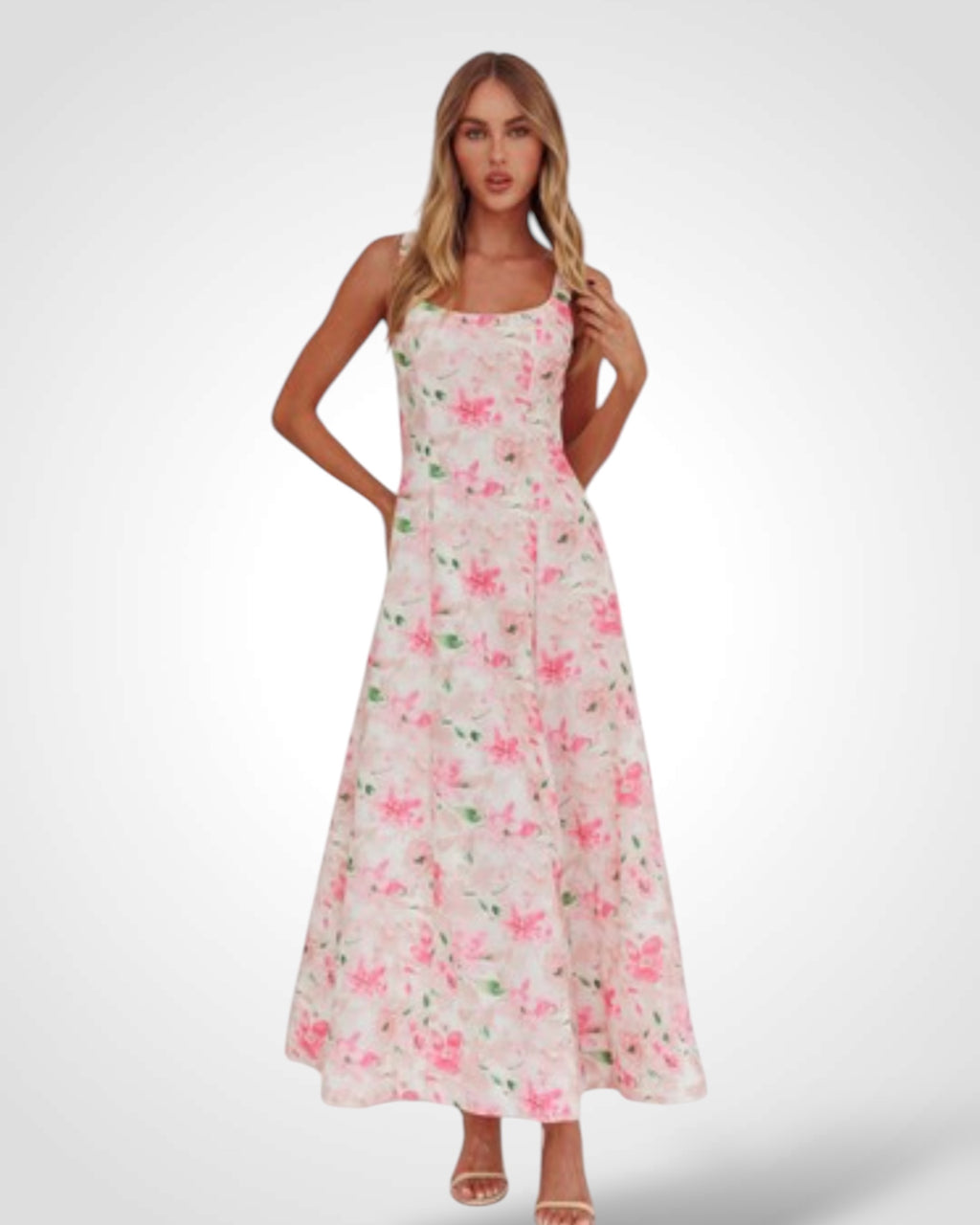 GATHERED FLORAL MAXI DRESS