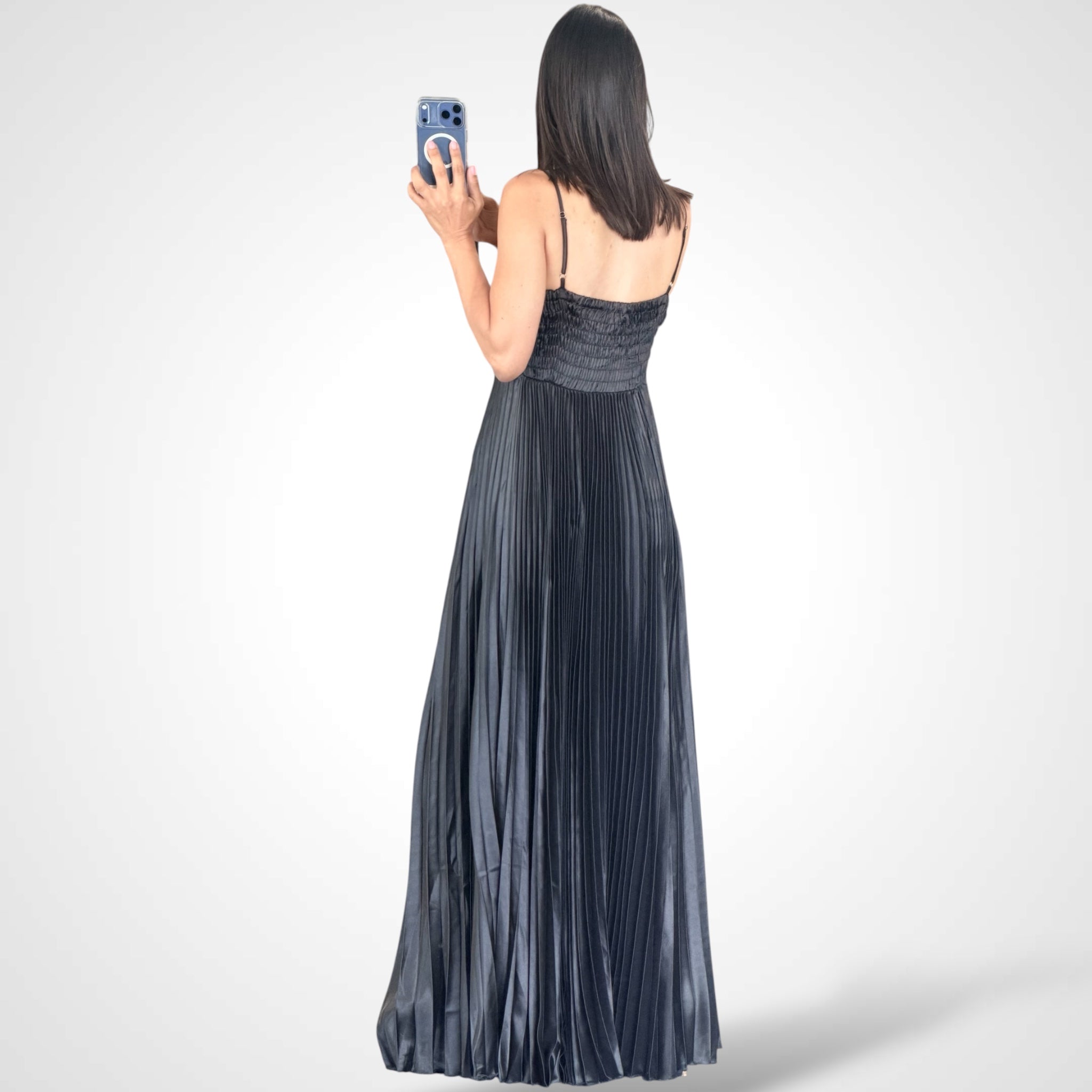 Black Thin Adjustable Strap Pleated Maxi Dress-3