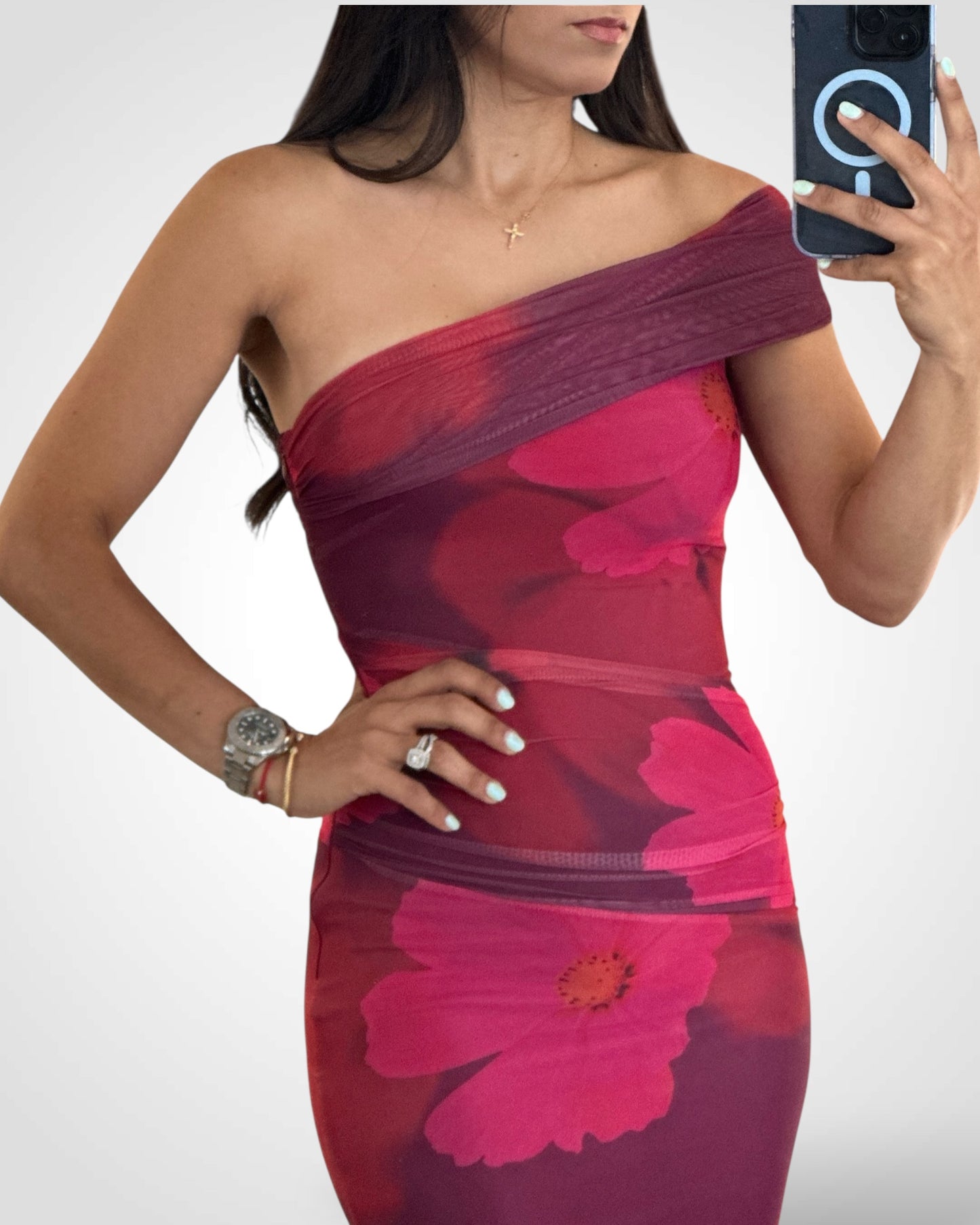 ONE SHOULDER FLORAL MAXI DRESS