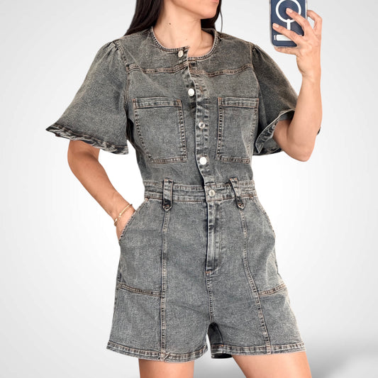 SJQ-Button Up Pockets Washed Denim Romper