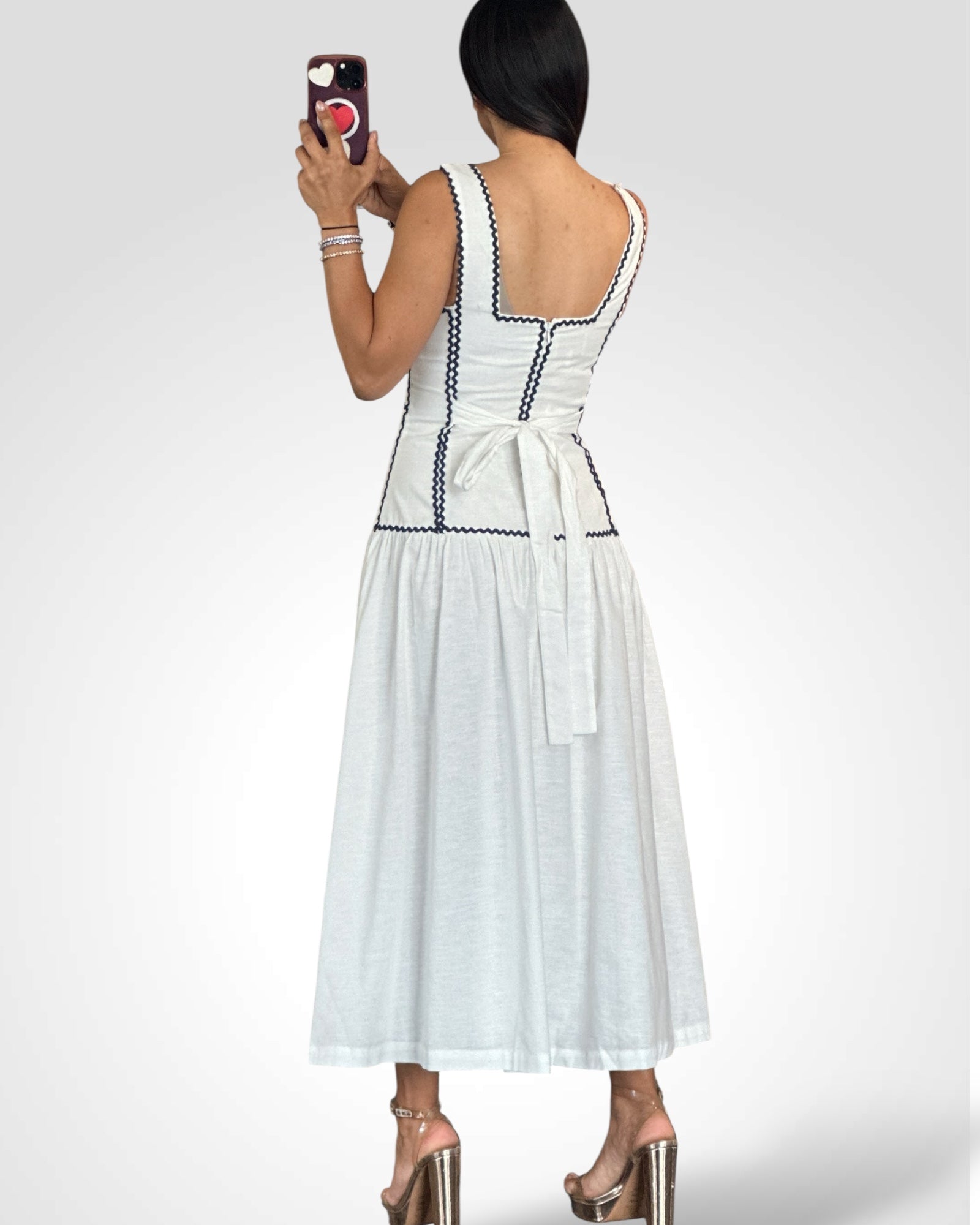 Sleeveless Square Neckline Ricrac Trim Midi Dress-3