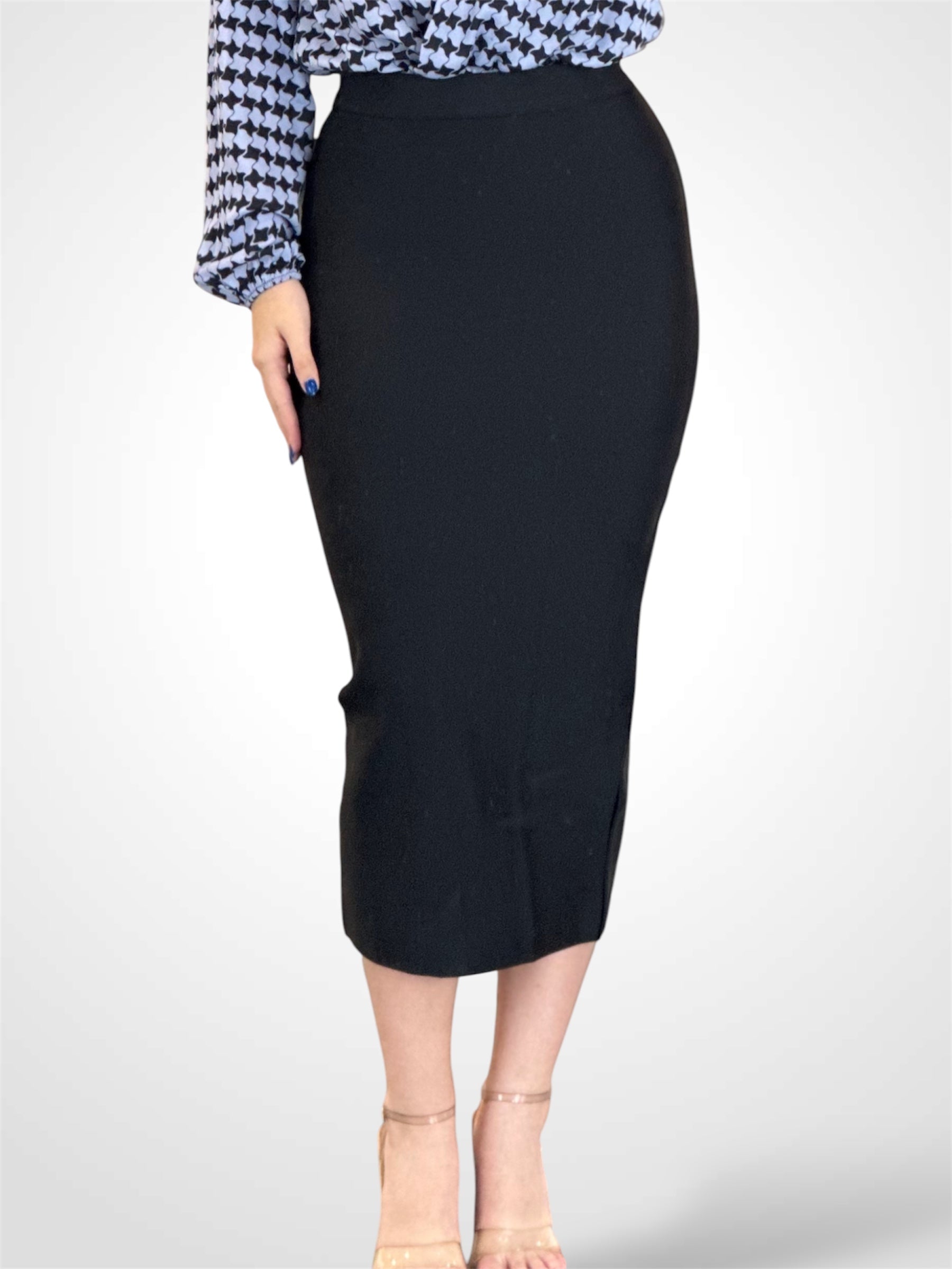 ZIPPER CLOSURE BANDAGE PENCIL MIDI SKIRT•